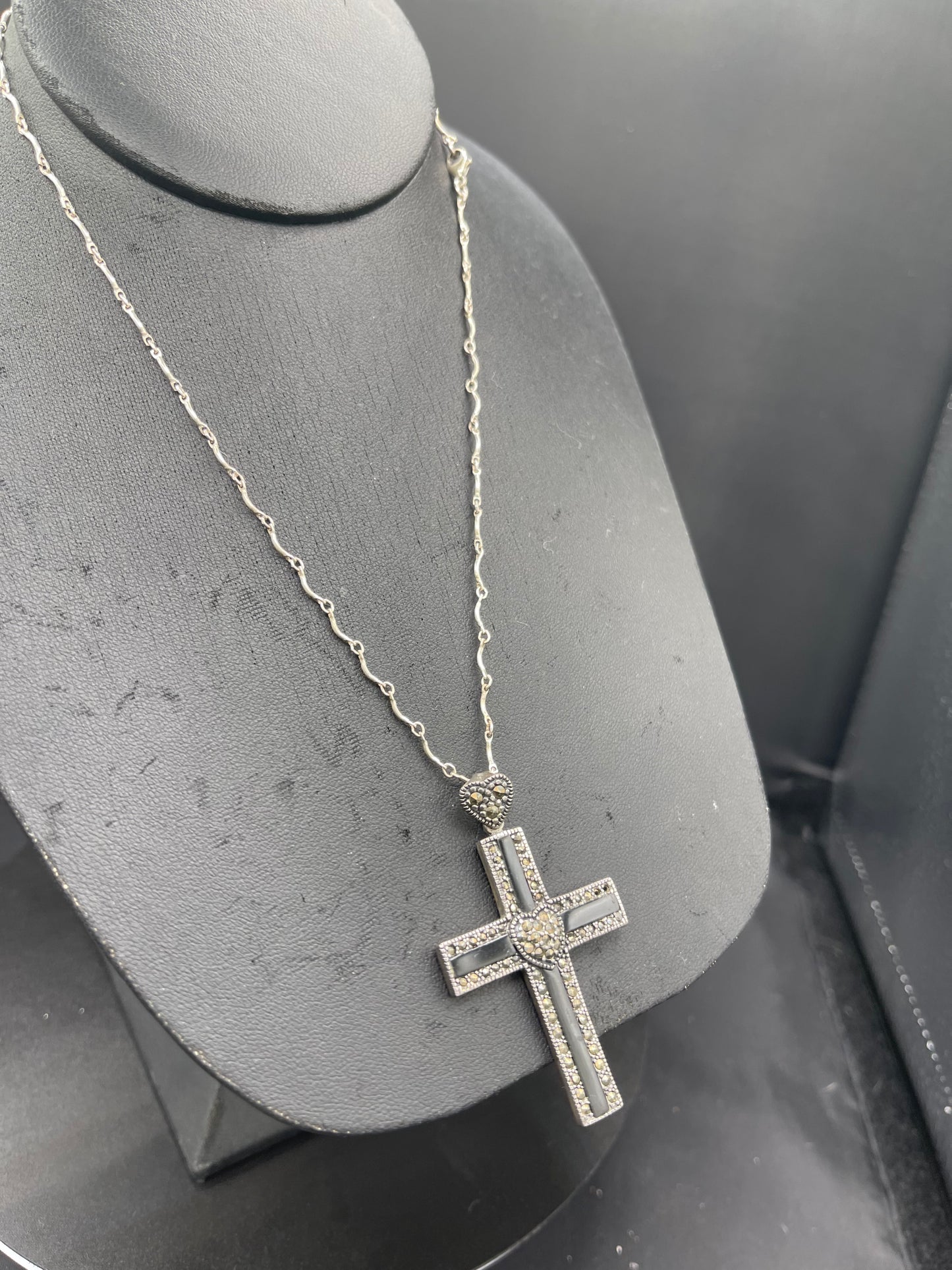 Natural Black Onyx & Marcasite Sterling Silver Cross Pendant And Necklace