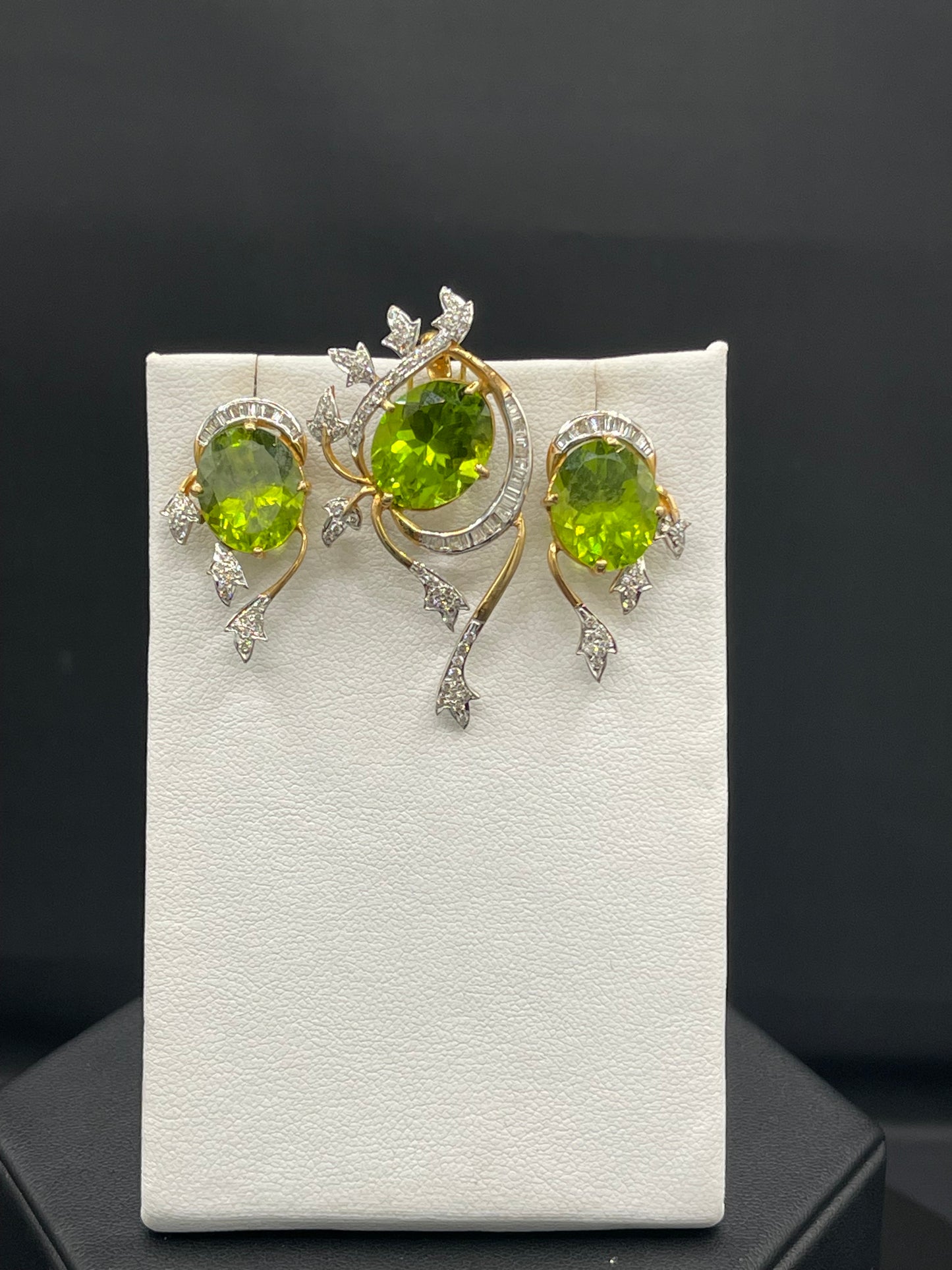 Natural Peridot & Diamond 18k Yellow + White Gold Earring and Pendant Set