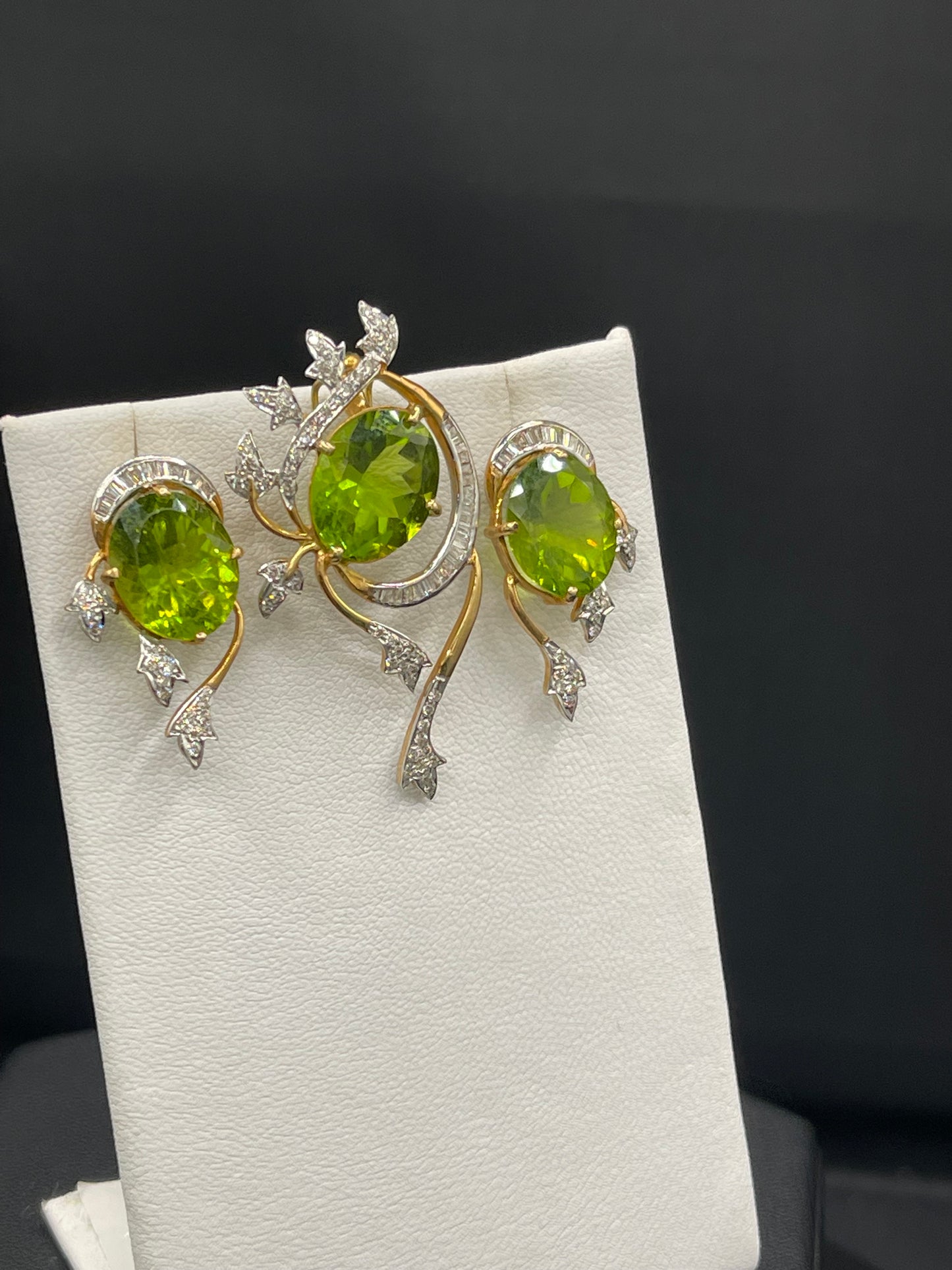 Natural Peridot & Diamond 18k Yellow + White Gold Earring and Pendant Set