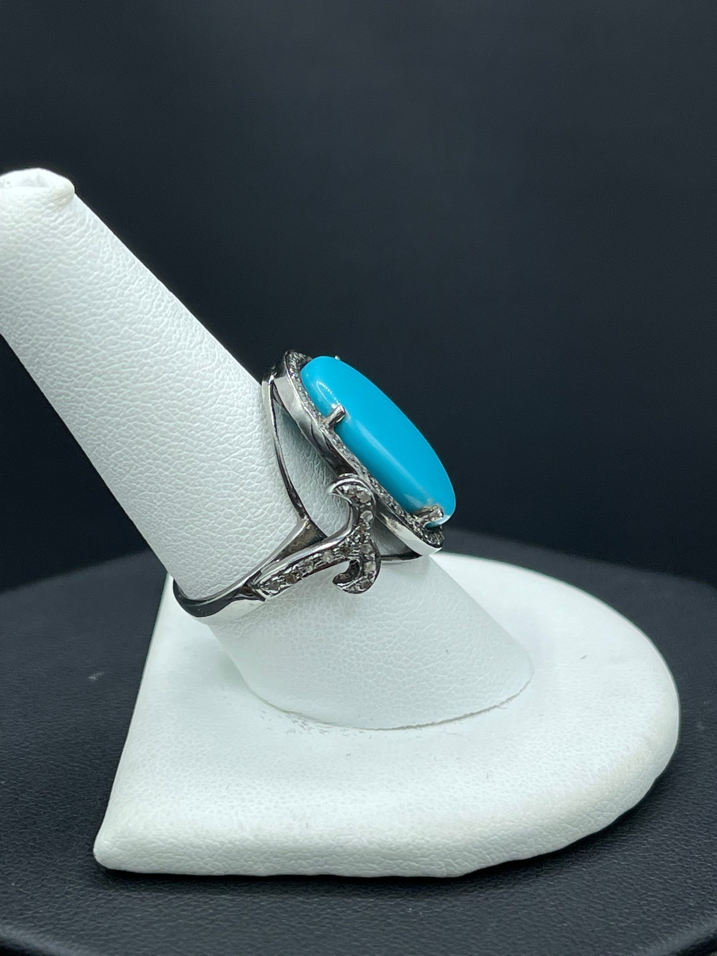11.94 Turquoise & Diamond Sterling Silver Ring (Size 8.5)