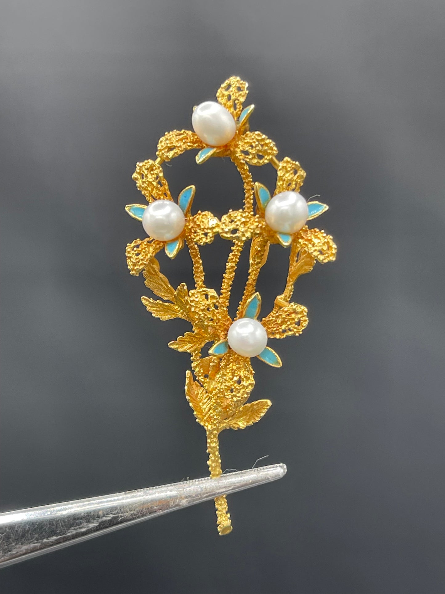 Vintage Freshwater Pearl & Turquoise 18k Yellow Gold Brooch Pin