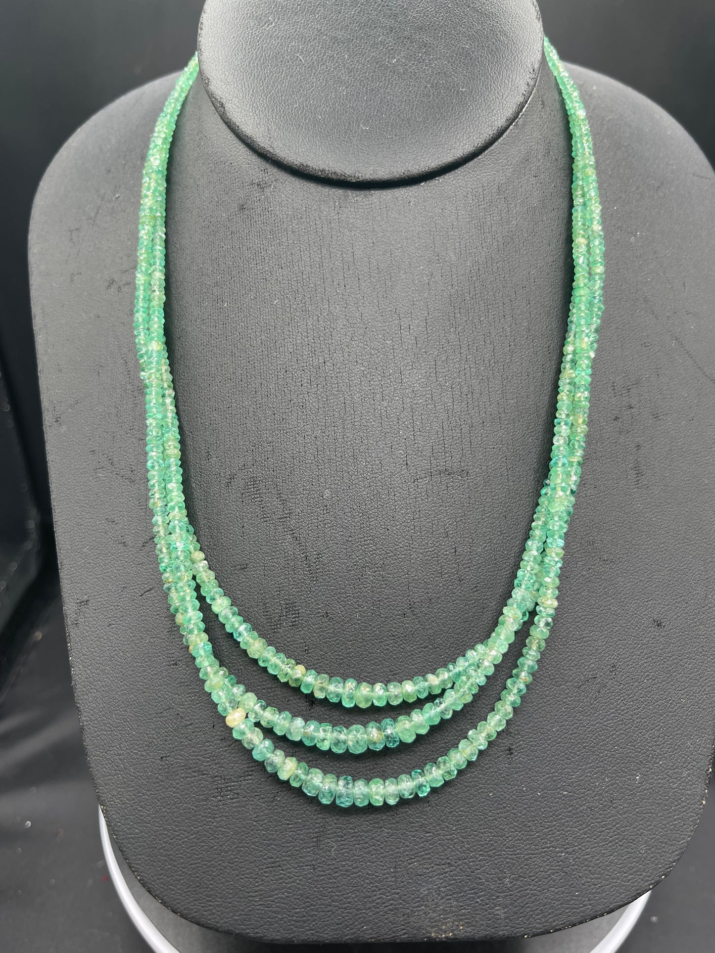 Natural Colombian Emerald 18K Gold Clasp Triple Strand Beaded Necklace