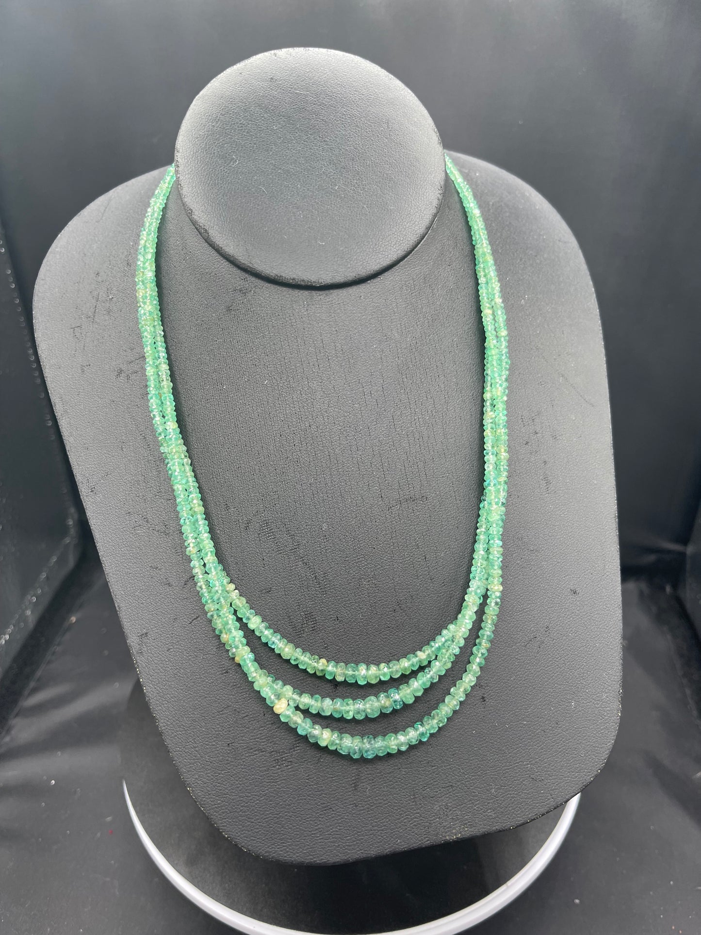 Natural Colombian Emerald 18K Gold Clasp Triple Strand Beaded Necklace