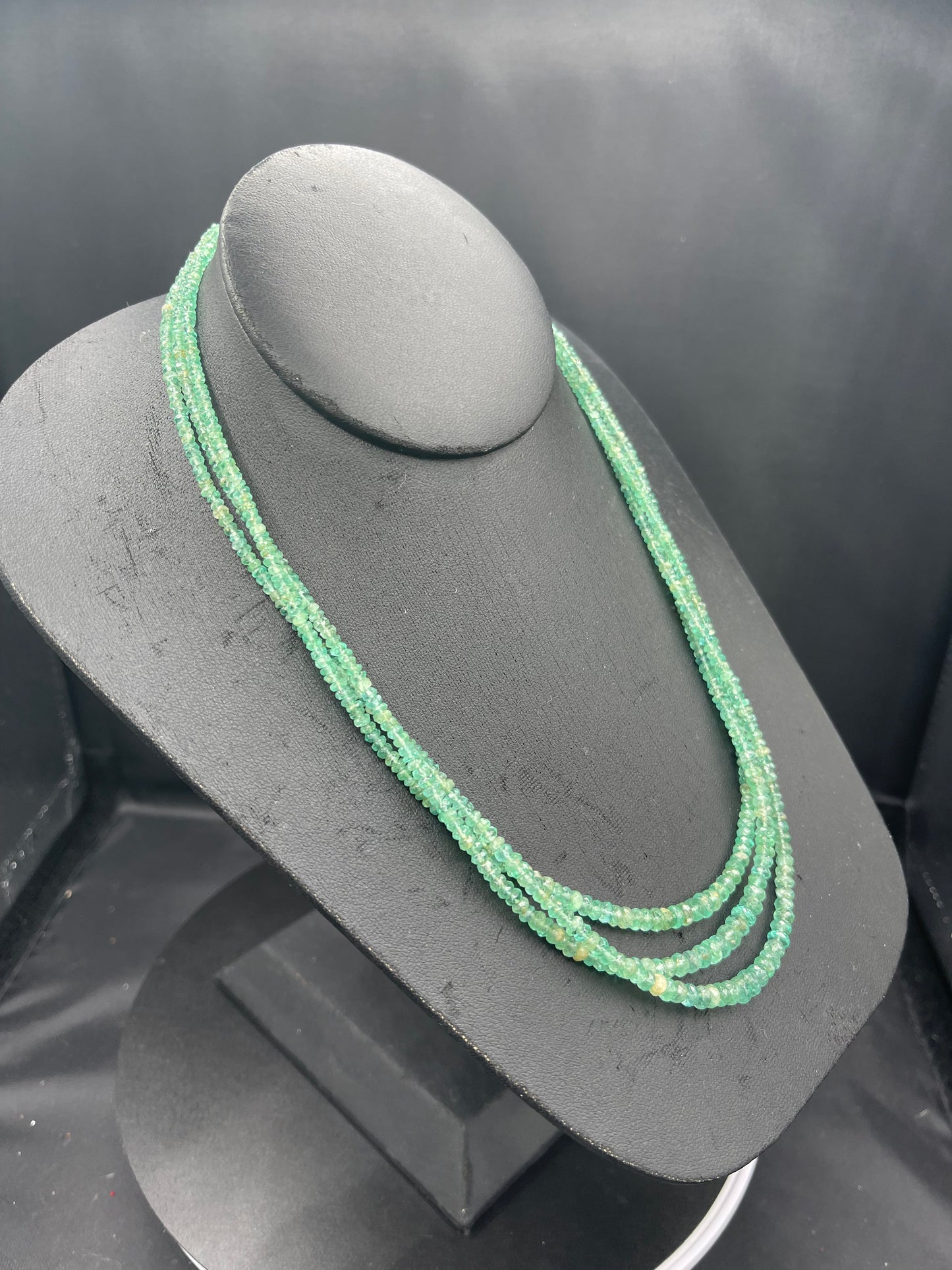 Natural Colombian Emerald 18K Gold Clasp Triple Strand Beaded Necklace