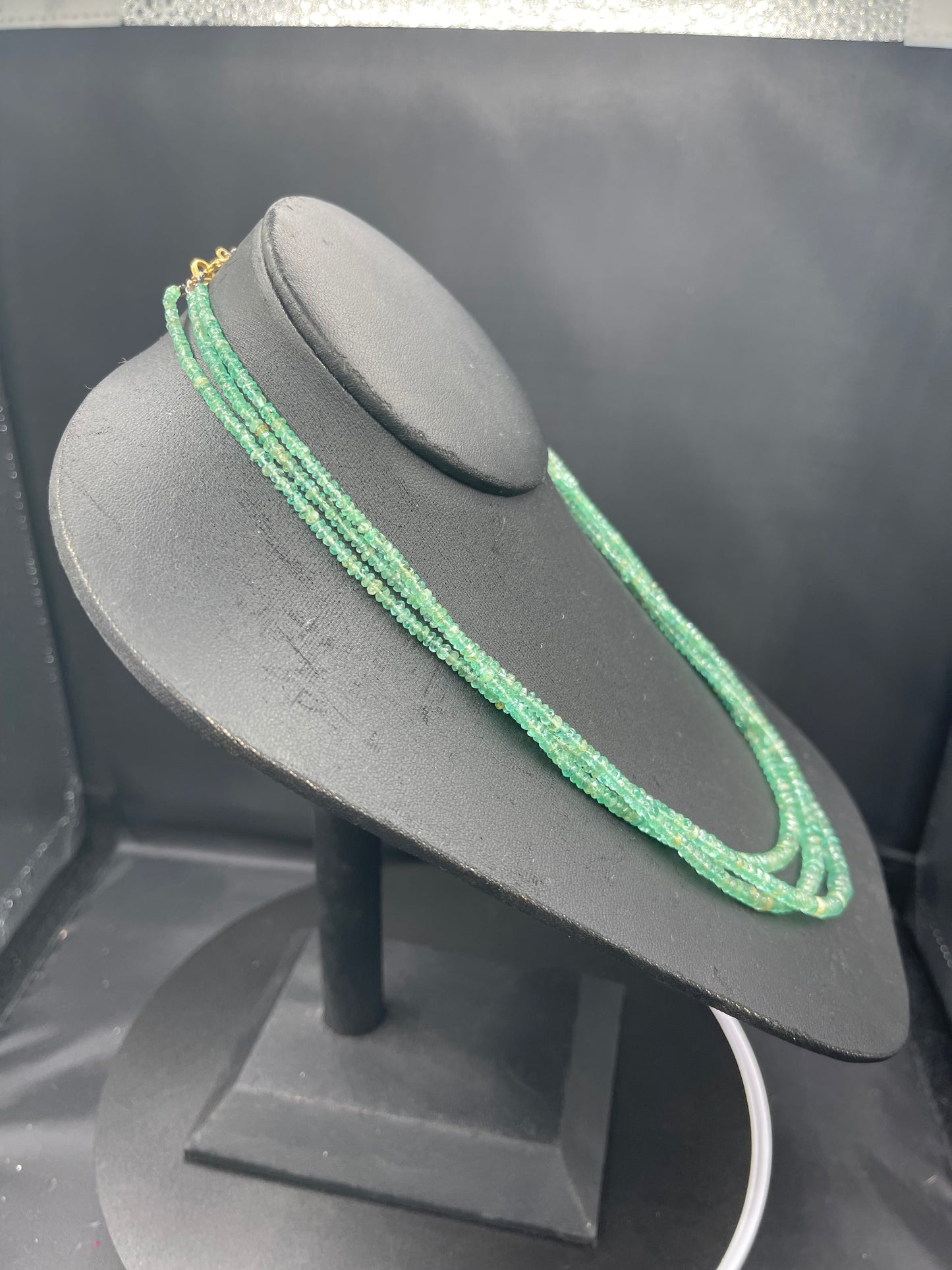 Natural Colombian Emerald 18K Gold Clasp Triple Strand Beaded Necklace