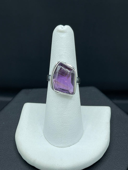 Natural Amethyst Fancy Cut Sterling Silver Ring (Size 7)