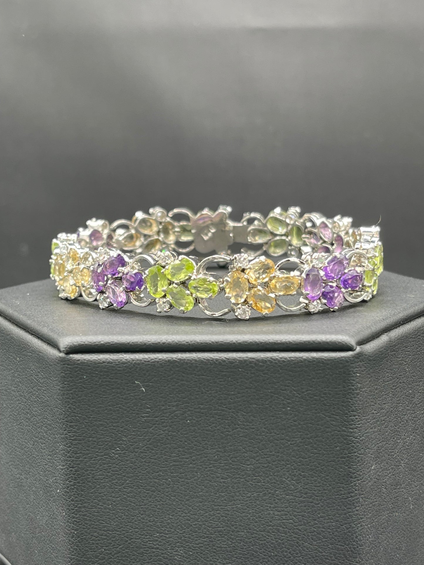 Natural Peridot Amethyst Citrine & Cubic Zirconia Heavy Sterling Silver Bracelet