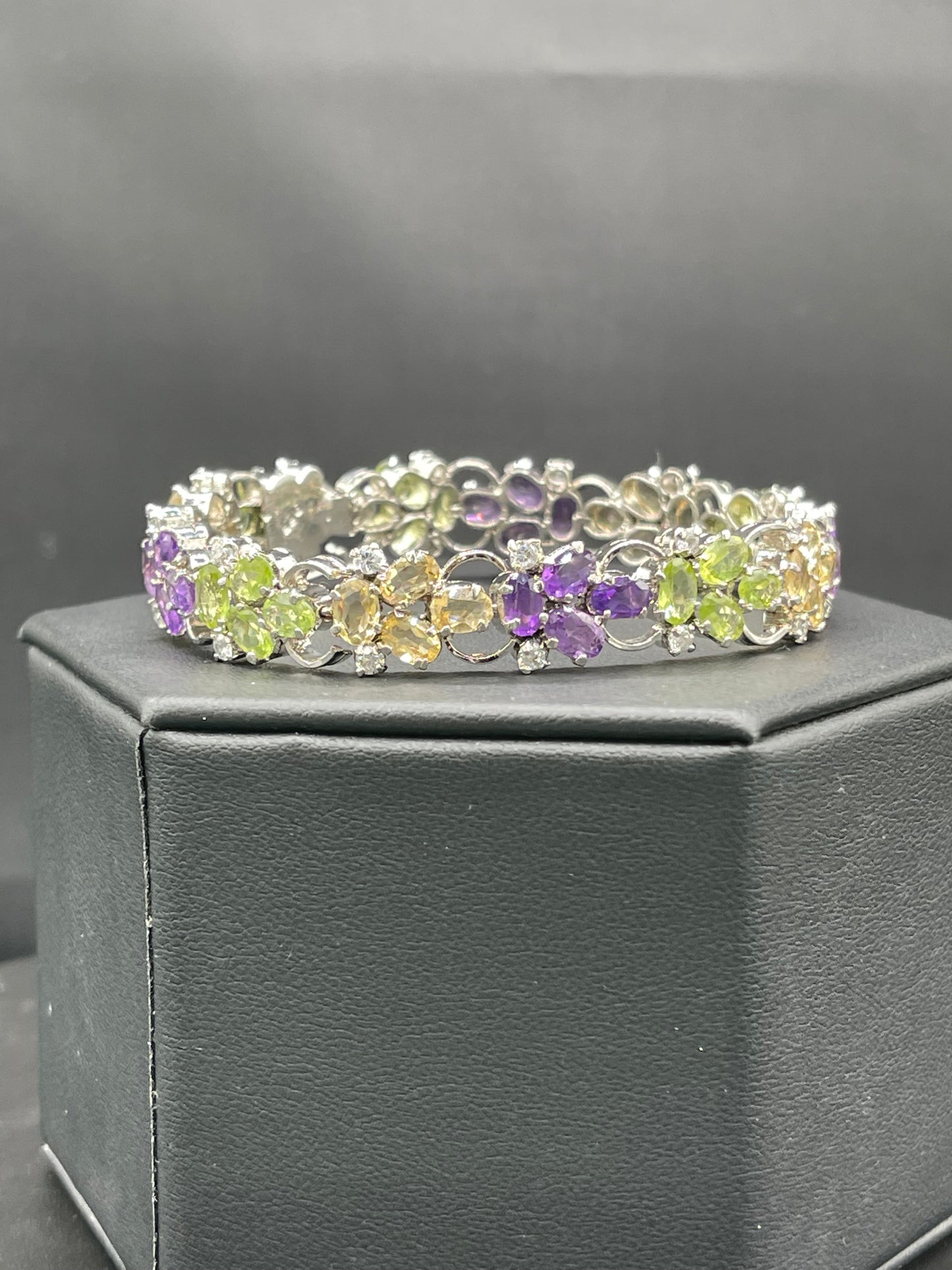 Natural Peridot Amethyst Citrine & Cubic Zirconia Heavy Sterling Silver Bracelet