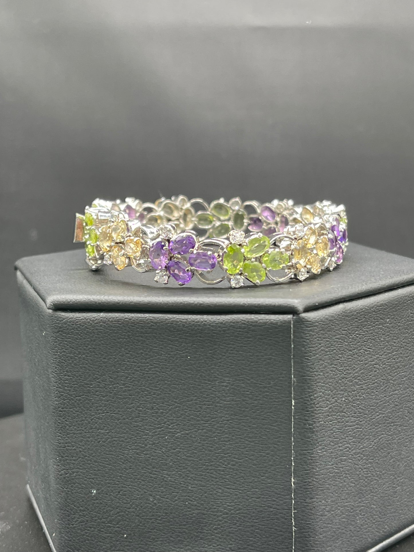 Natural Peridot Amethyst Citrine & Cubic Zirconia Heavy Sterling Silver Bracelet