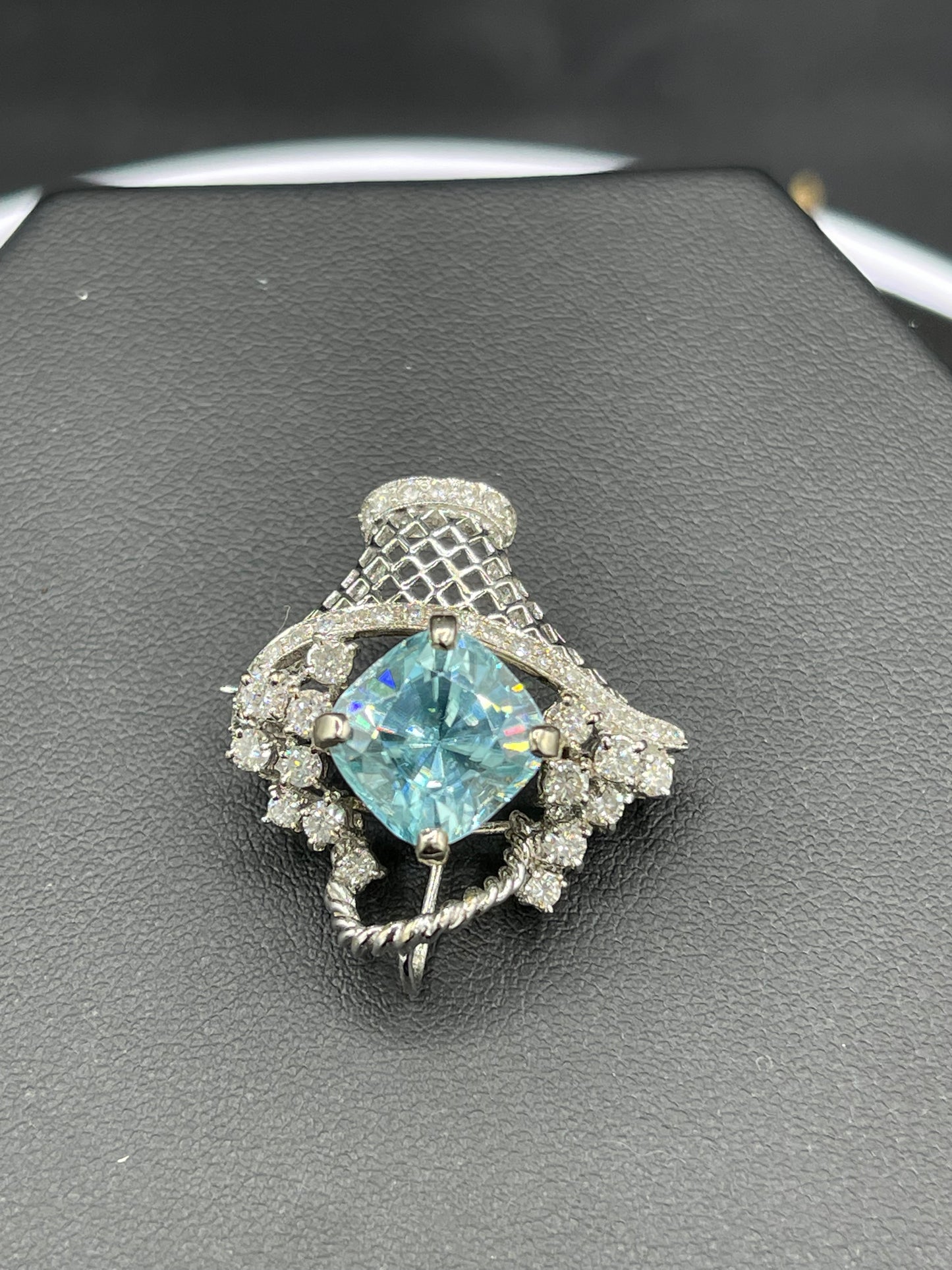 Natural Blue Zircon & Diamond 18k White Gold Brooch Pendant