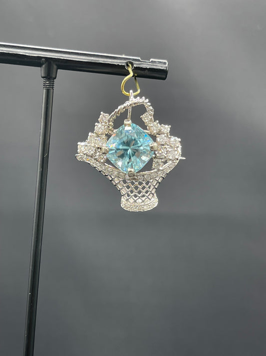 Natural Blue Zircon & Diamond 18k White Gold Brooch Pendant