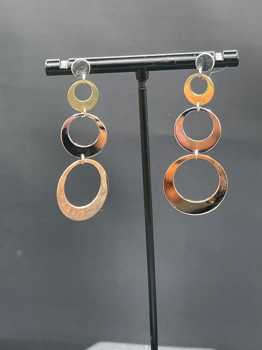 Solid 14k Three Tone Yellow + White + Rose Gold Dangle Earrings