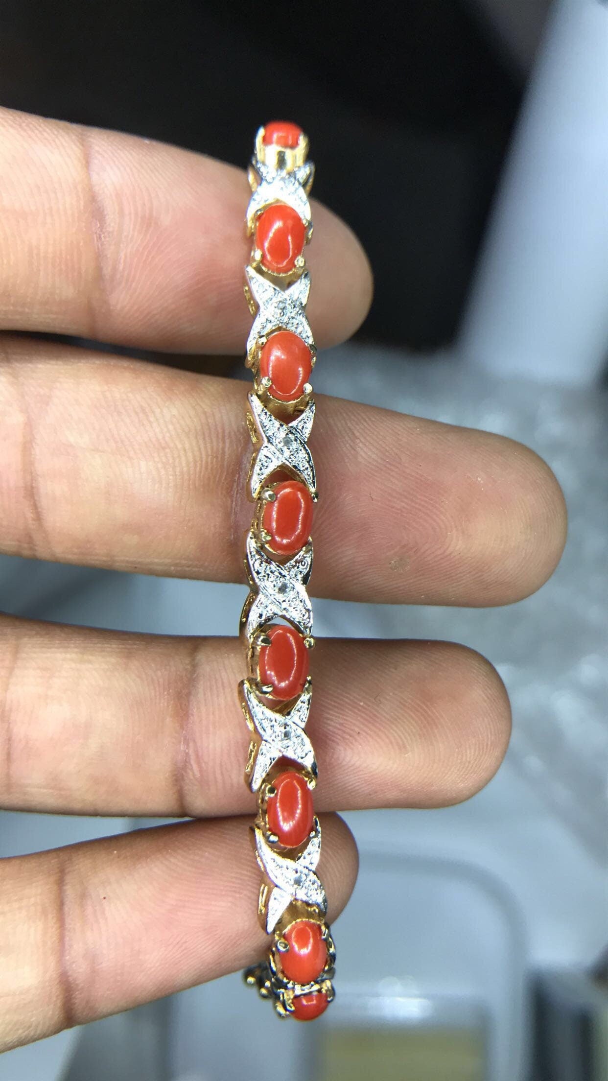 Natural Italian Red Coral & Diamond Sterling Silver 18K Vermeil Bracelet