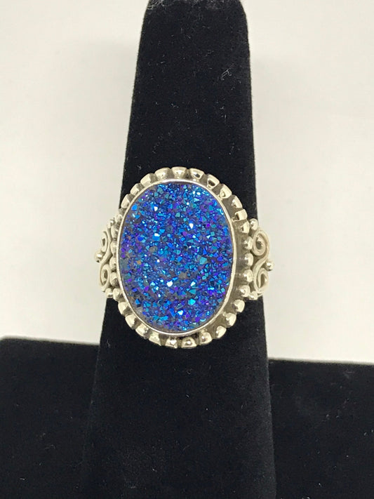 Peacock Druzy Quartz Sterling Silver Ring