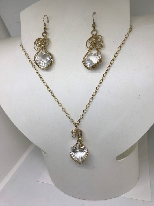 Heart Shaped White Topaz Wire Wrapped Earrings, Pendant, and GF Necklace Set