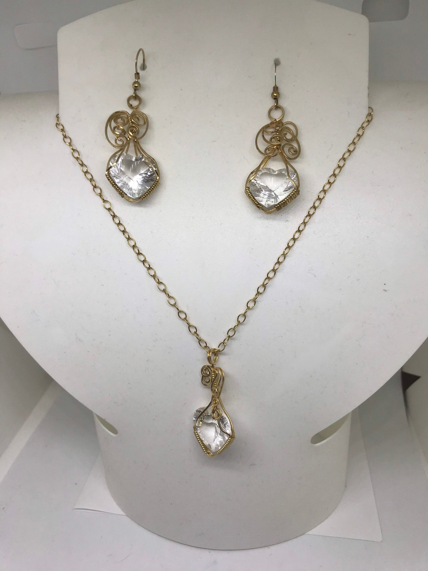 Heart Shaped White Topaz Wire Wrapped Earrings, Pendant, and GF Necklace Set