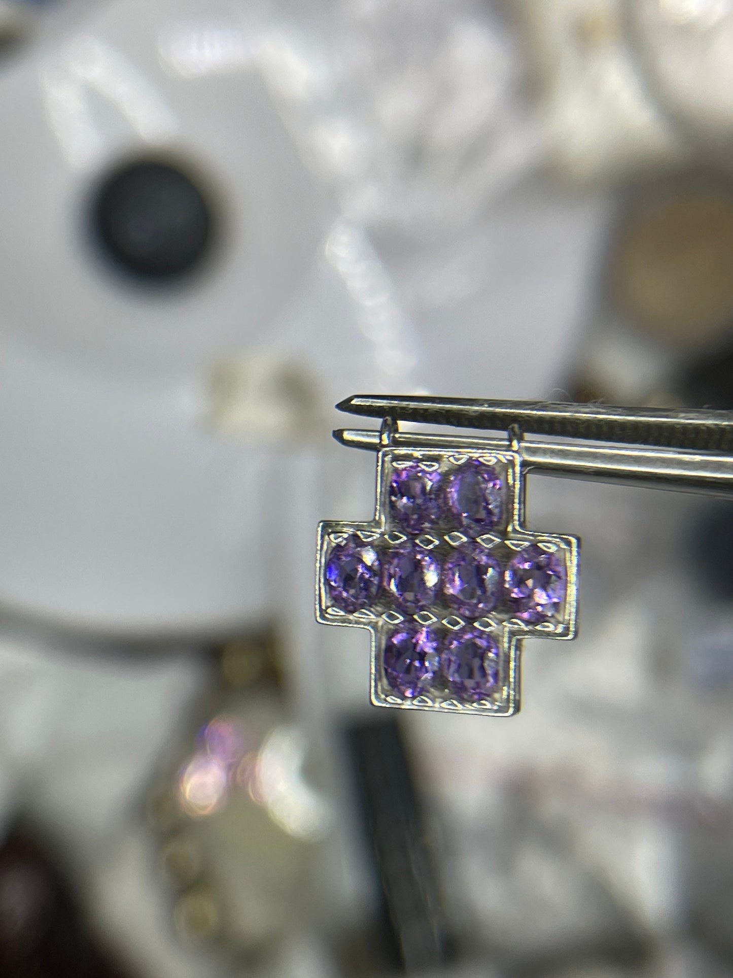 Amethyst Cross 10k White Gold Slide Pendant