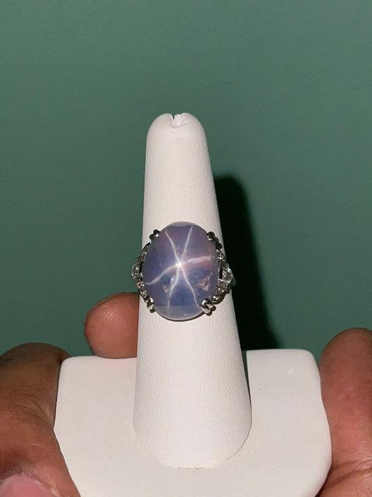 28.49 Carat Blue Star Sapphire And Diamond Art Deco Platinum Ring (Size 6)