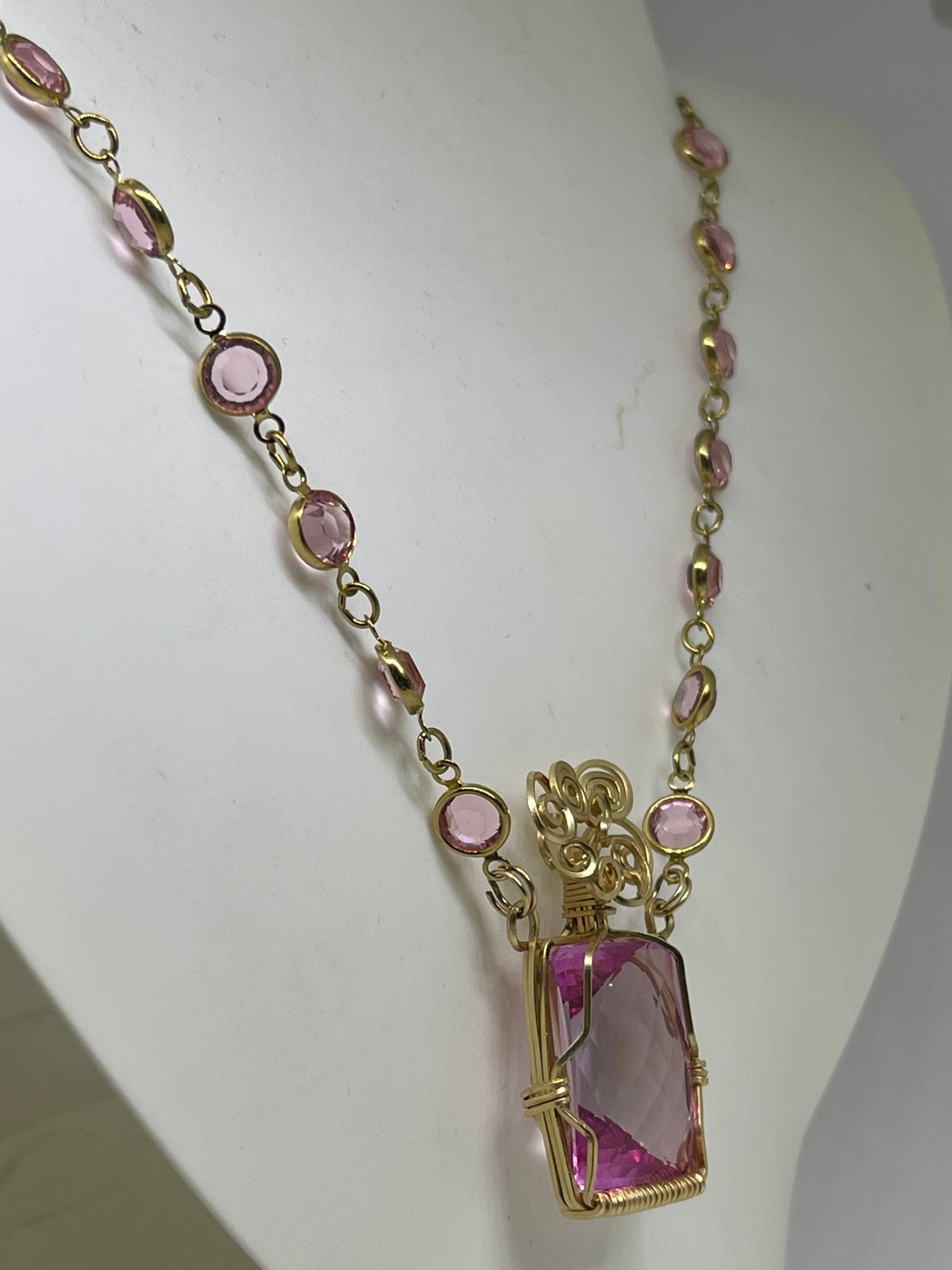 Pink Mystic Topaz Swarovski Crystal 14k GF Handmade Necklace