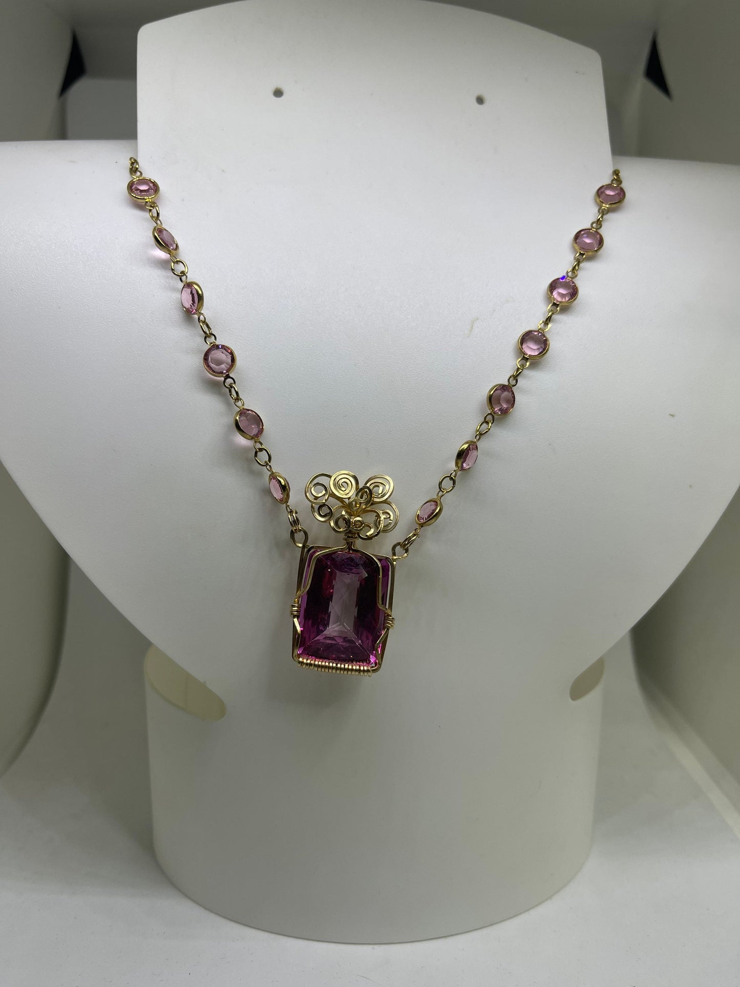 Pink Mystic Topaz Swarovski Crystal 14k GF Handmade Necklace