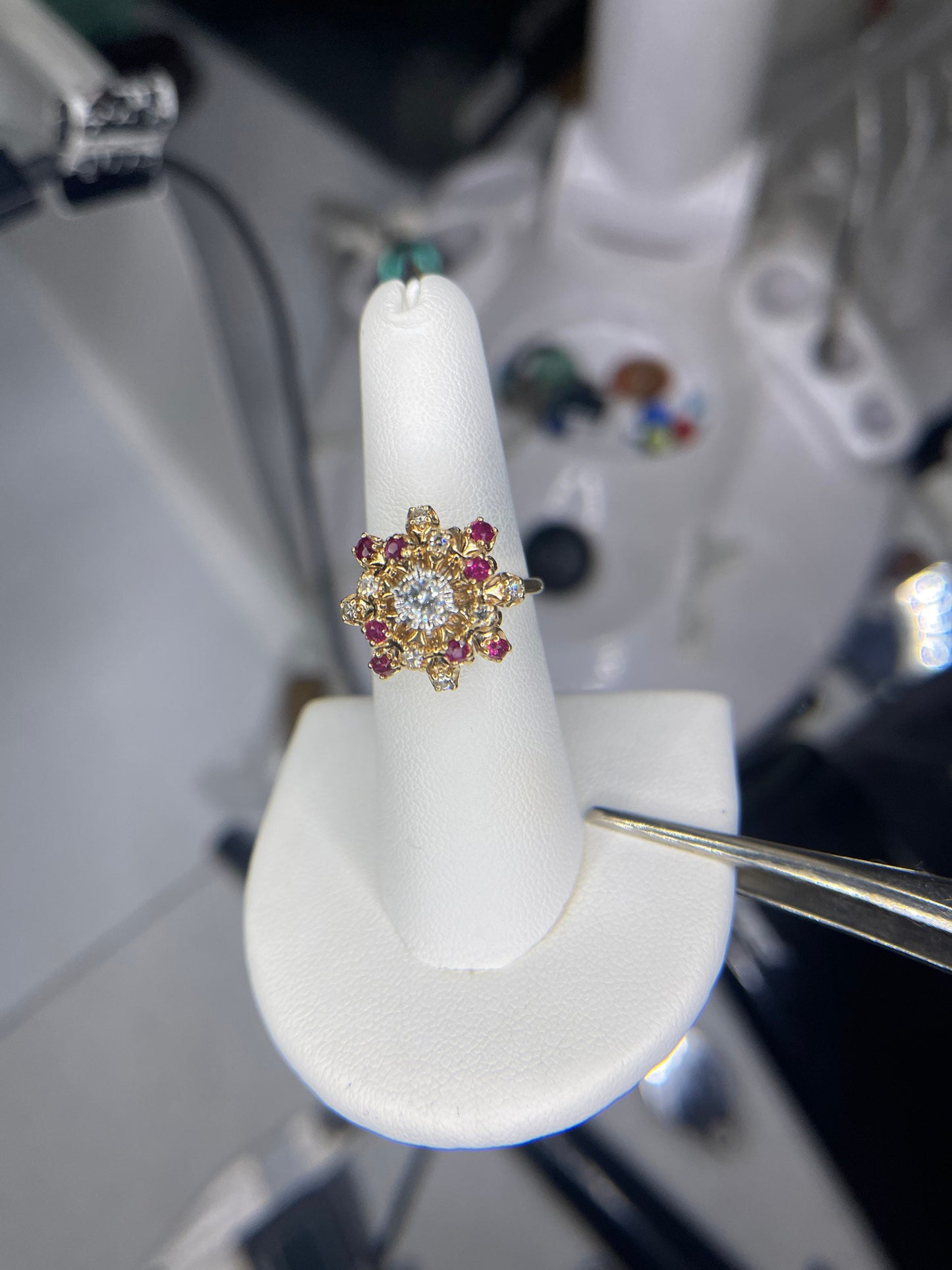 Vintage Diamond And Ruby 14K Flower Designer Ring (Size 6.75)