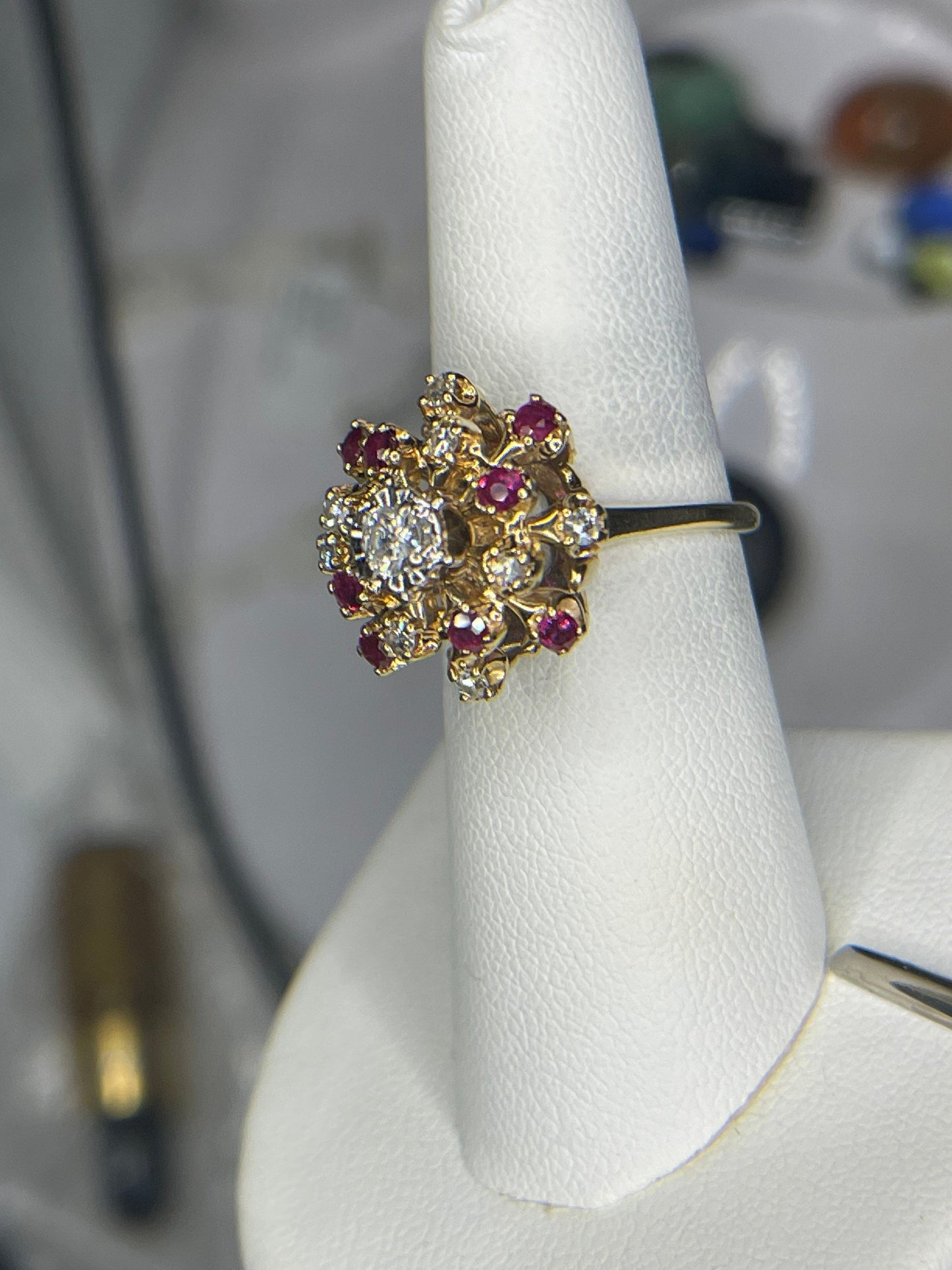 Vintage Diamond And Ruby 14K Flower Designer Ring (Size 6.75)