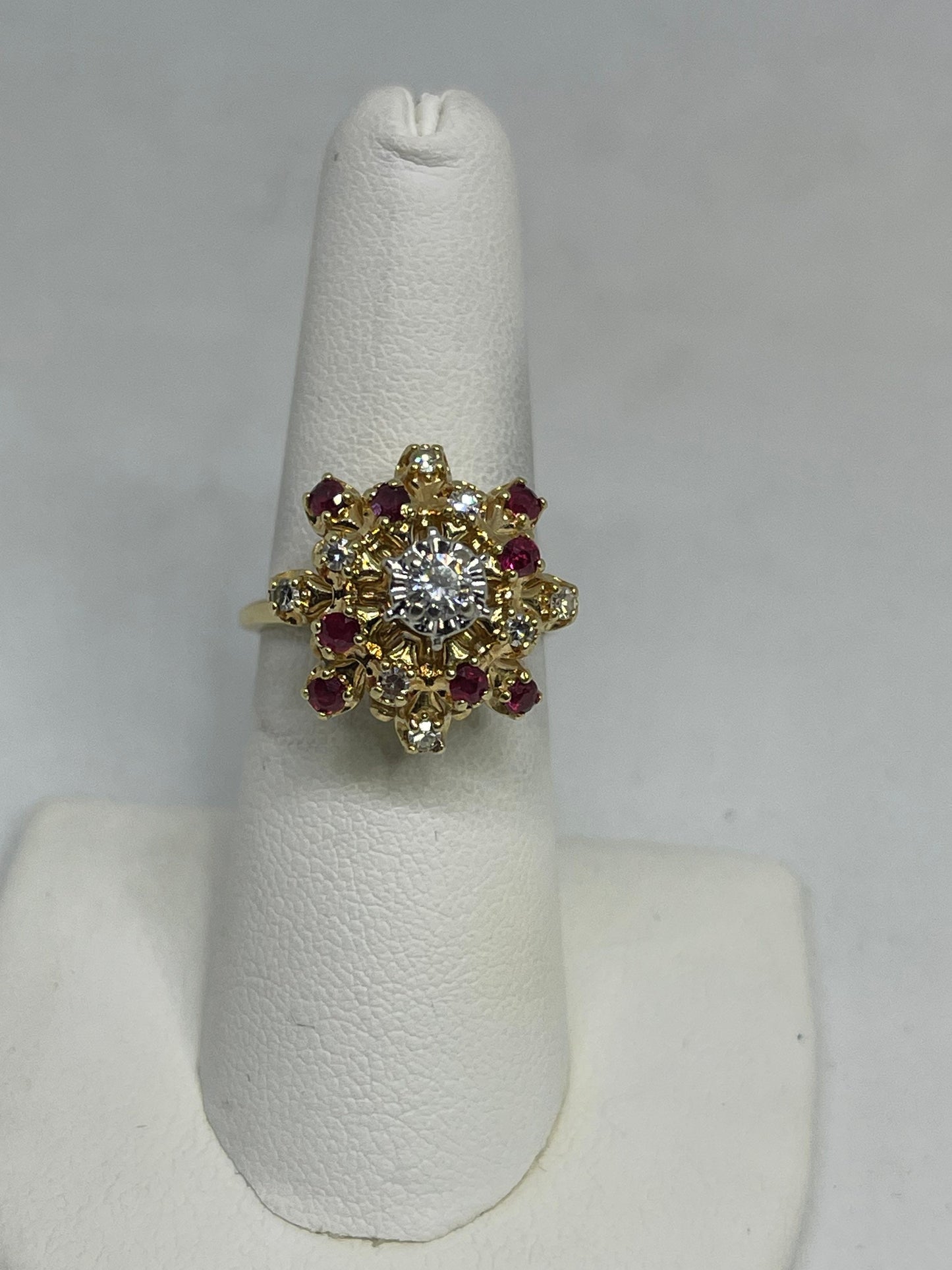 Vintage Diamond And Ruby 14K Flower Designer Ring (Size 6.75)