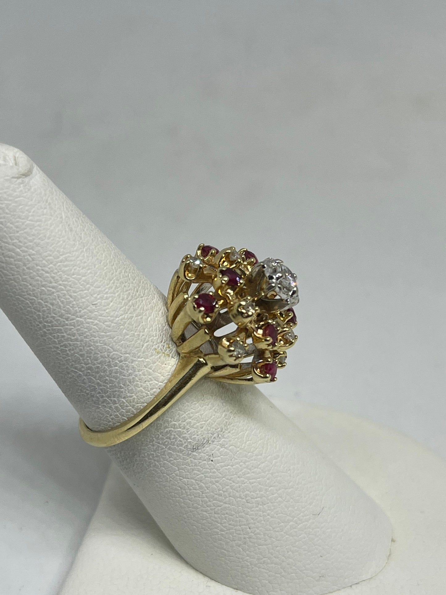 Vintage Diamond And Ruby 14K Flower Designer Ring (Size 6.75)