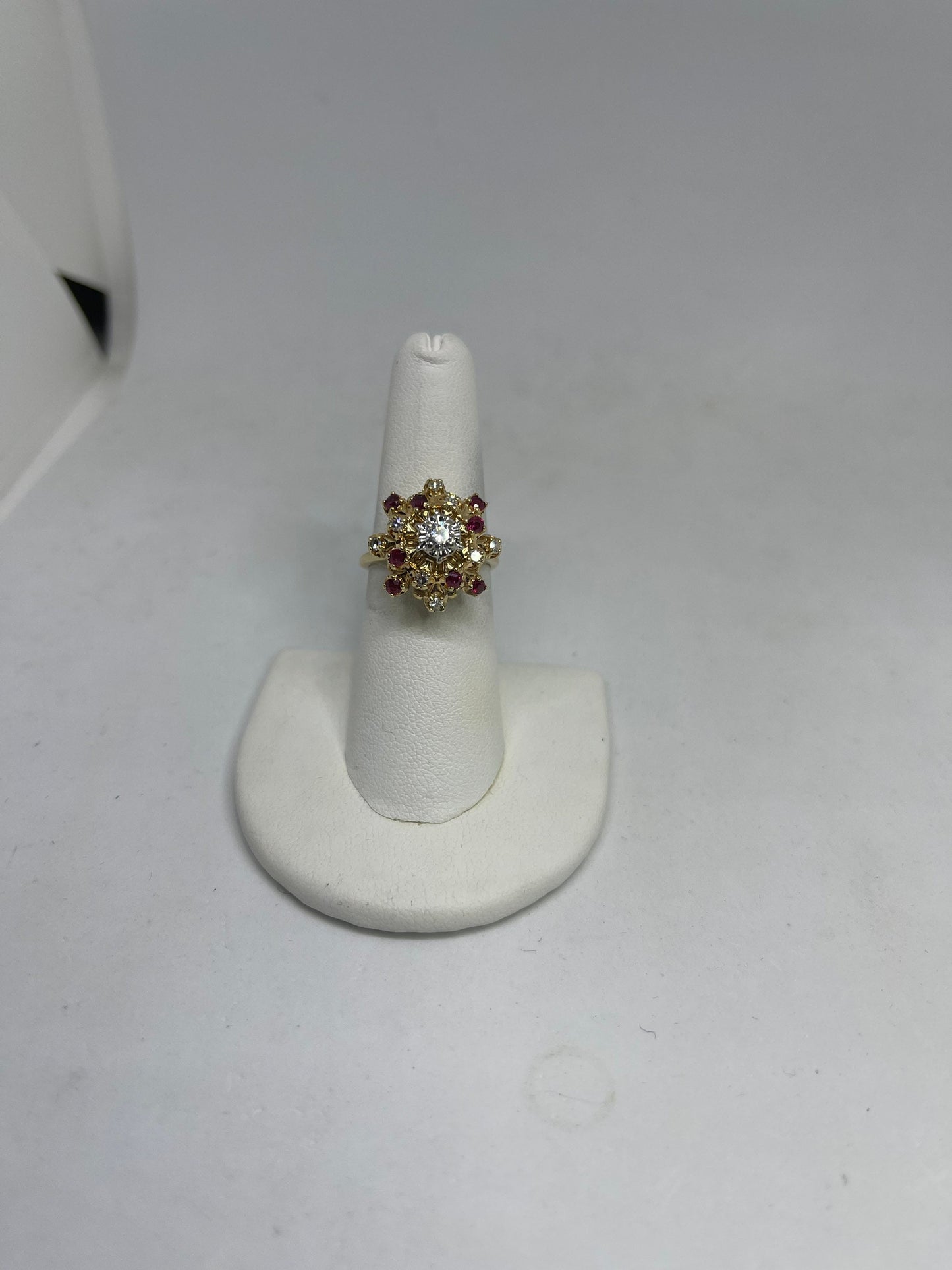 Vintage Diamond And Ruby 14K Flower Designer Ring (Size 6.75)