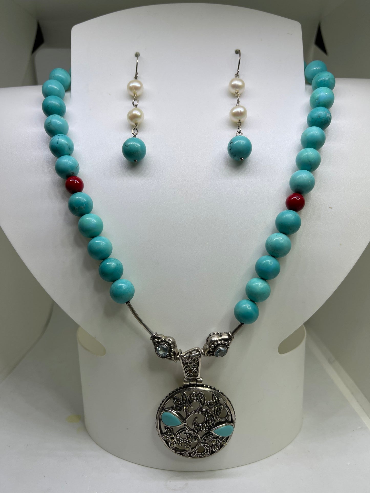 Handmade Turquoise Marcasite Aquamarine Coral & Pearl Sterling Silver Necklace And Earrings Set