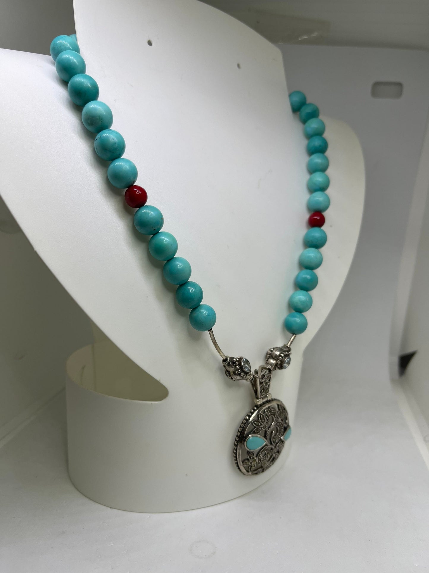 Handmade Turquoise Marcasite Aquamarine Coral & Pearl Sterling Silver Necklace And Earrings Set