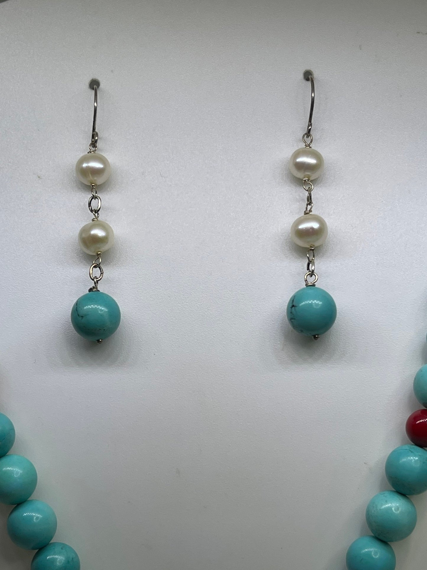Handmade Turquoise Marcasite Aquamarine Coral & Pearl Sterling Silver Necklace And Earrings Set