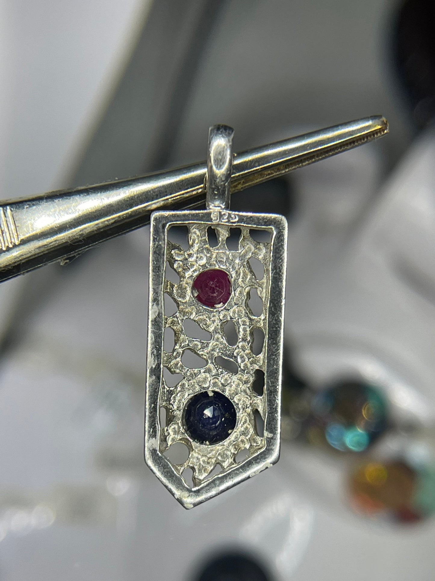 Natural Ruby & Sapphire 18k Gold Bezel Handmade Designer Sterling Silver Pendant