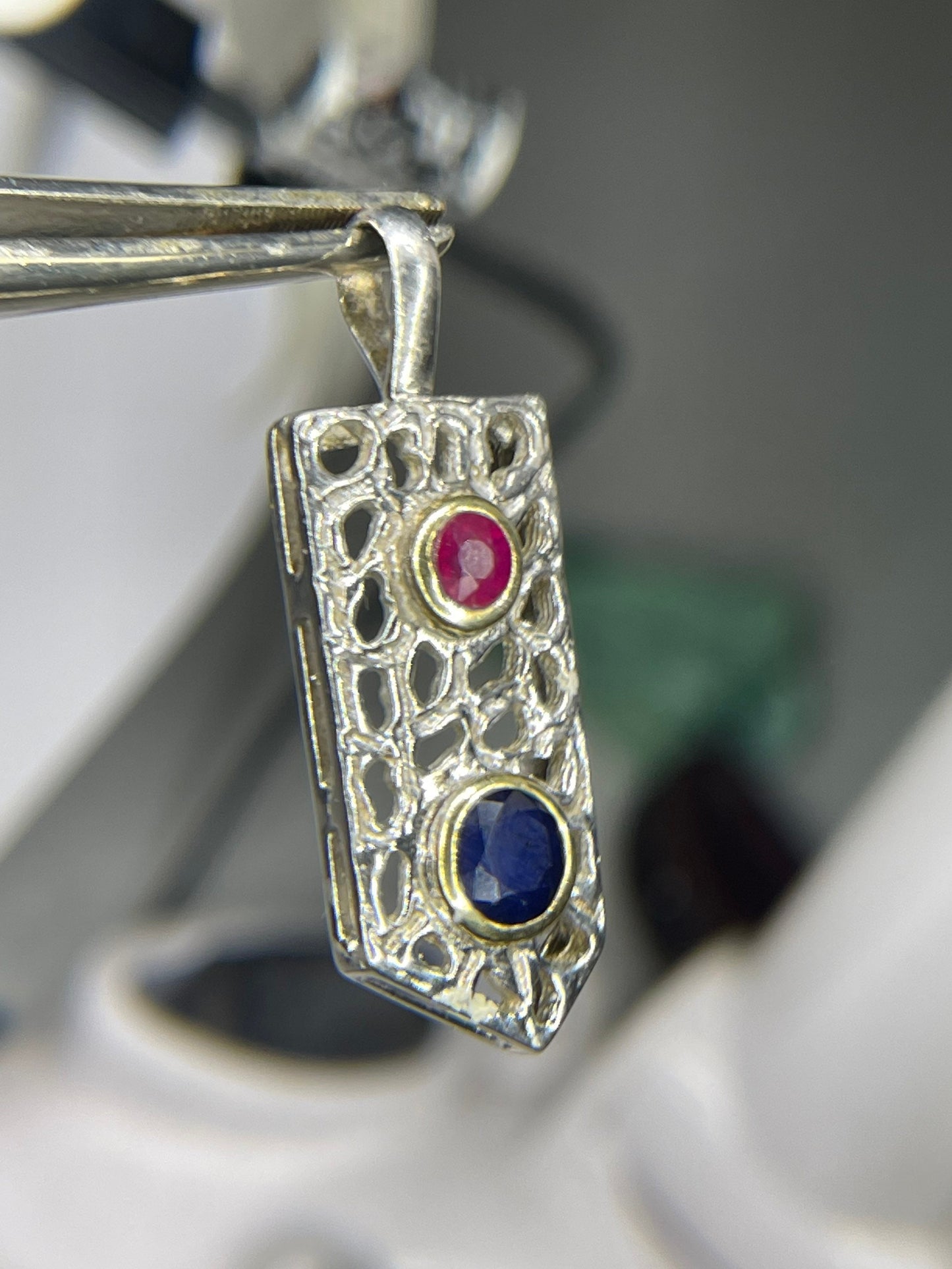 Natural Ruby & Sapphire 18k Gold Bezel Handmade Designer Sterling Silver Pendant