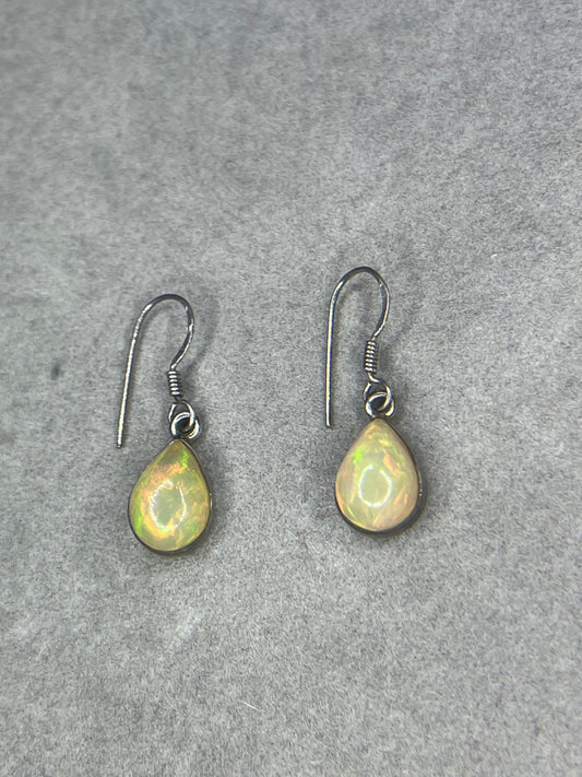 Natural Ethiopian Opal Pear Cut Dangle Sterling Silver Earrings