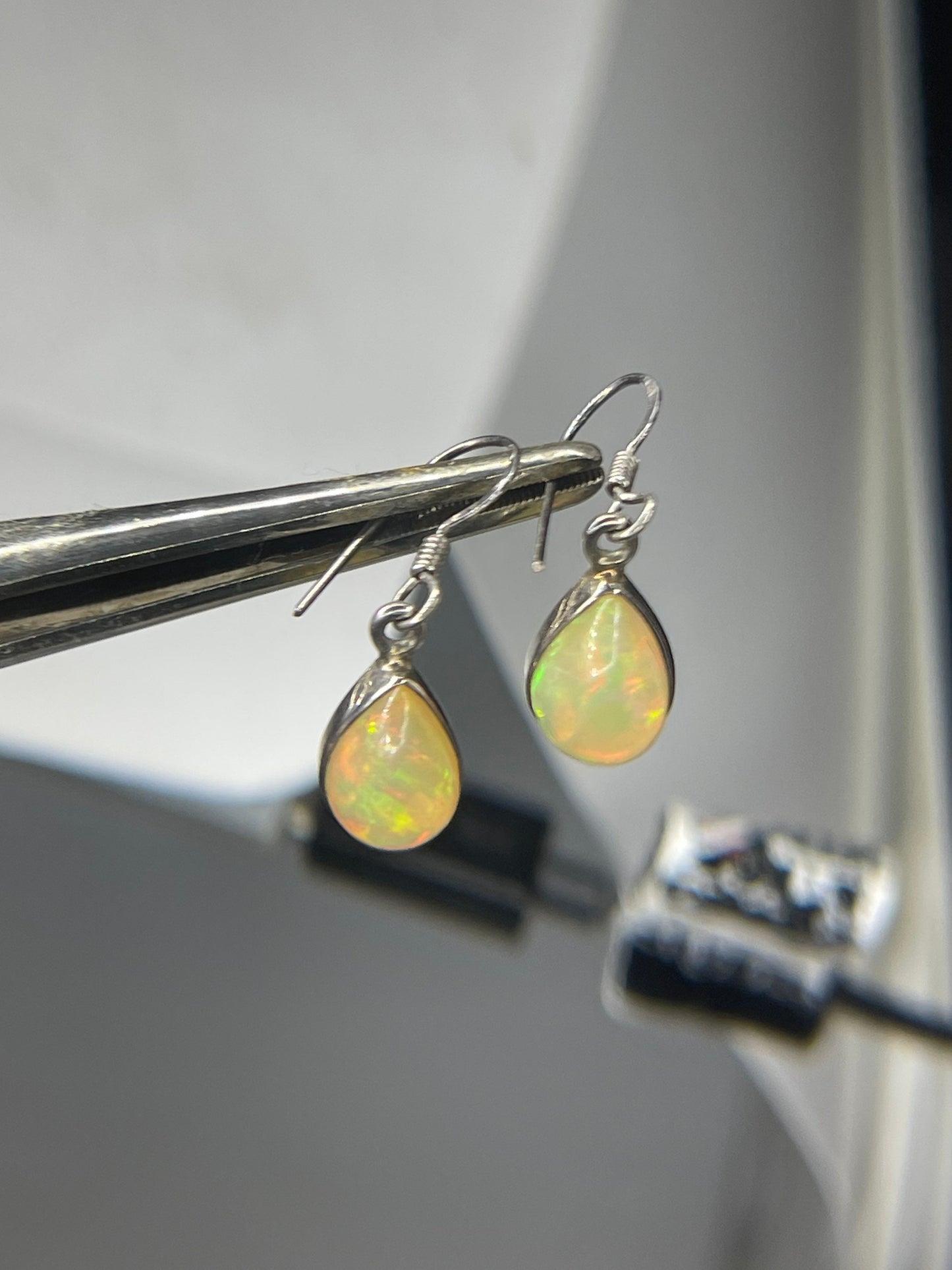 Natural Ethiopian Opal Pear Cut Dangle Sterling Silver Earrings