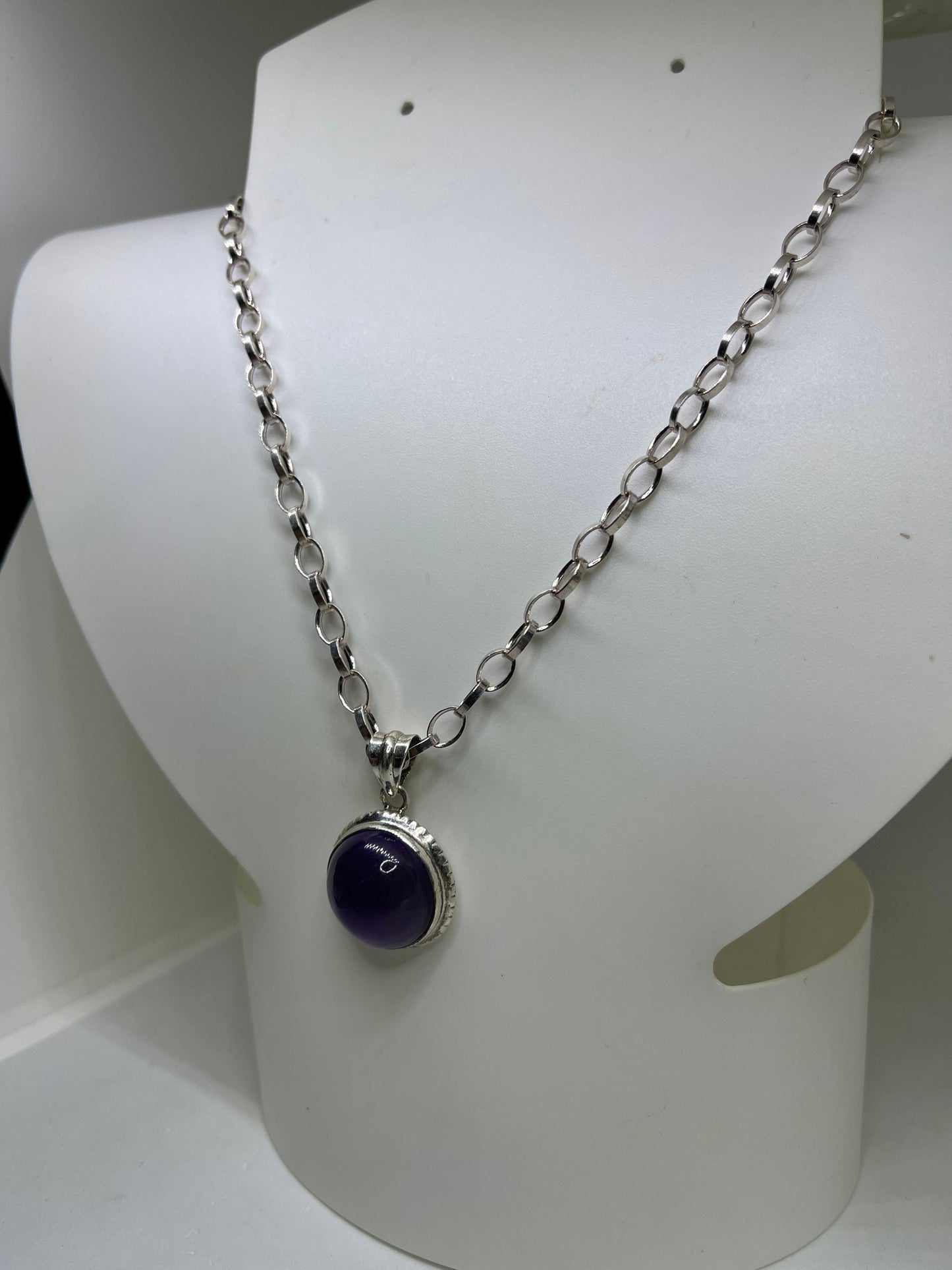 Amethyst Cabochon Sterling Silver Pendant & Chain Necklace