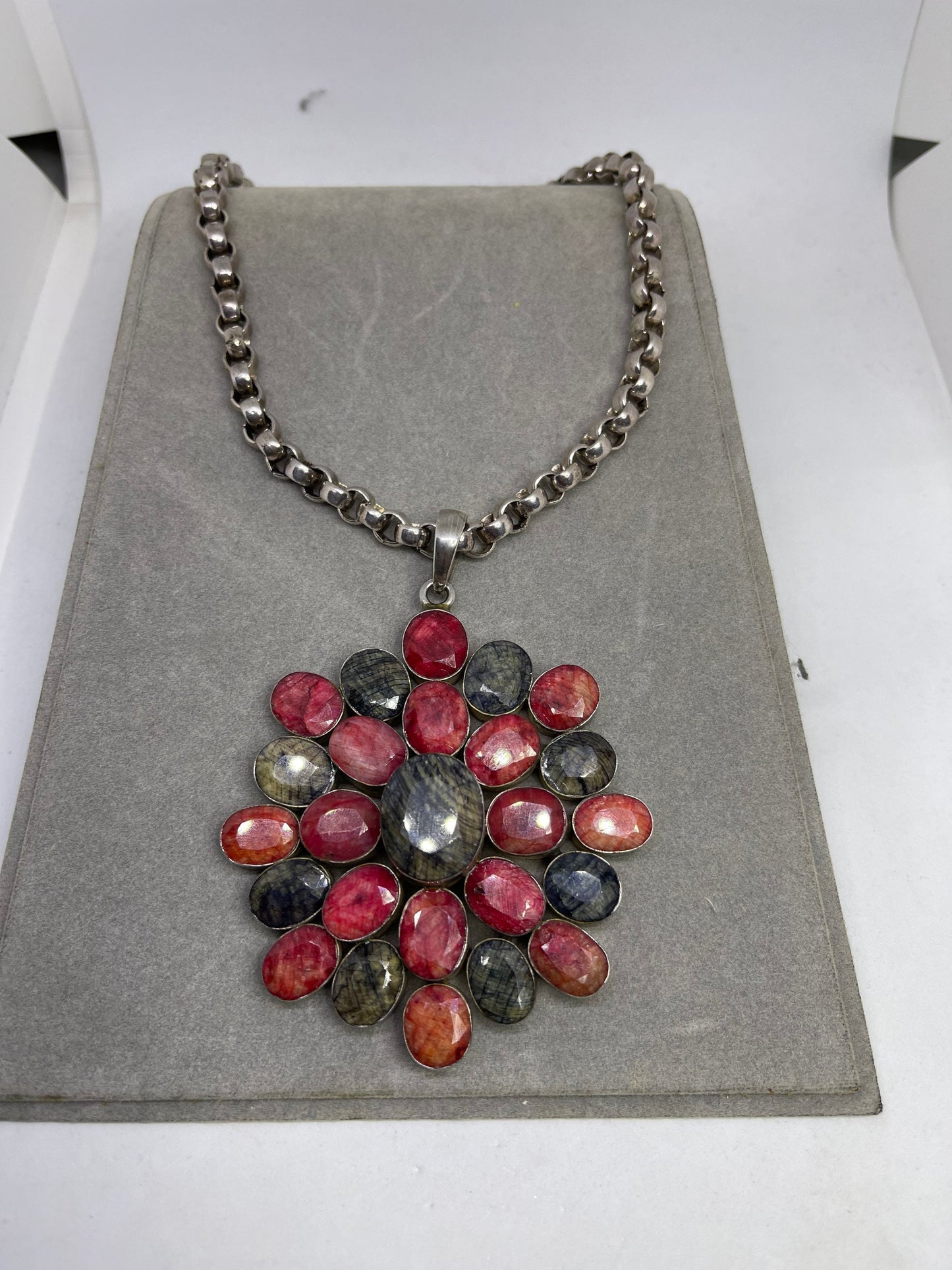 Natural Dyed Ruby & Sapphire Sterling Silver Medallion Rollo Link Chain Necklace