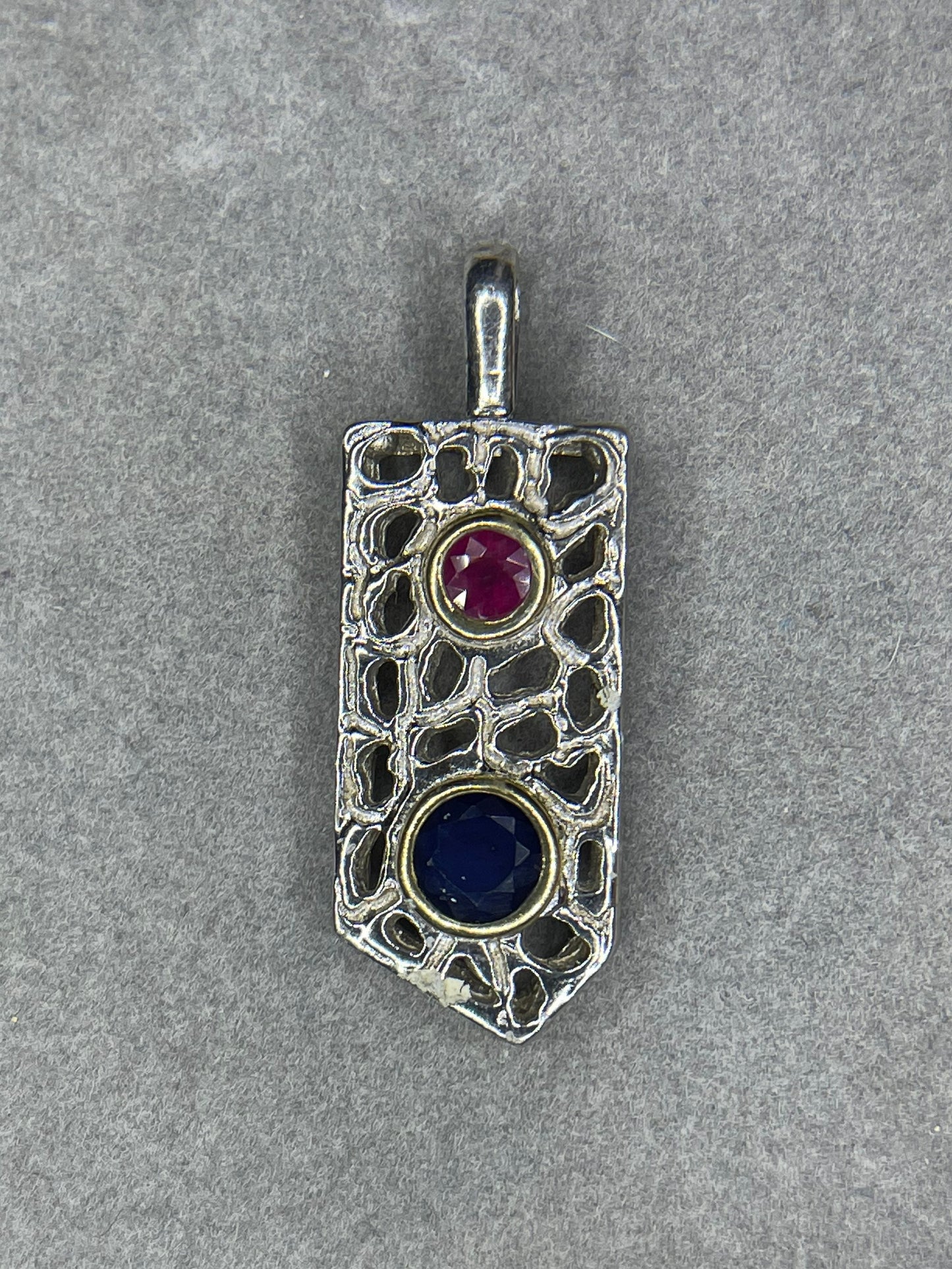 Natural Ruby & Sapphire 18k Gold Bezel Handmade Designer Sterling Silver Pendant