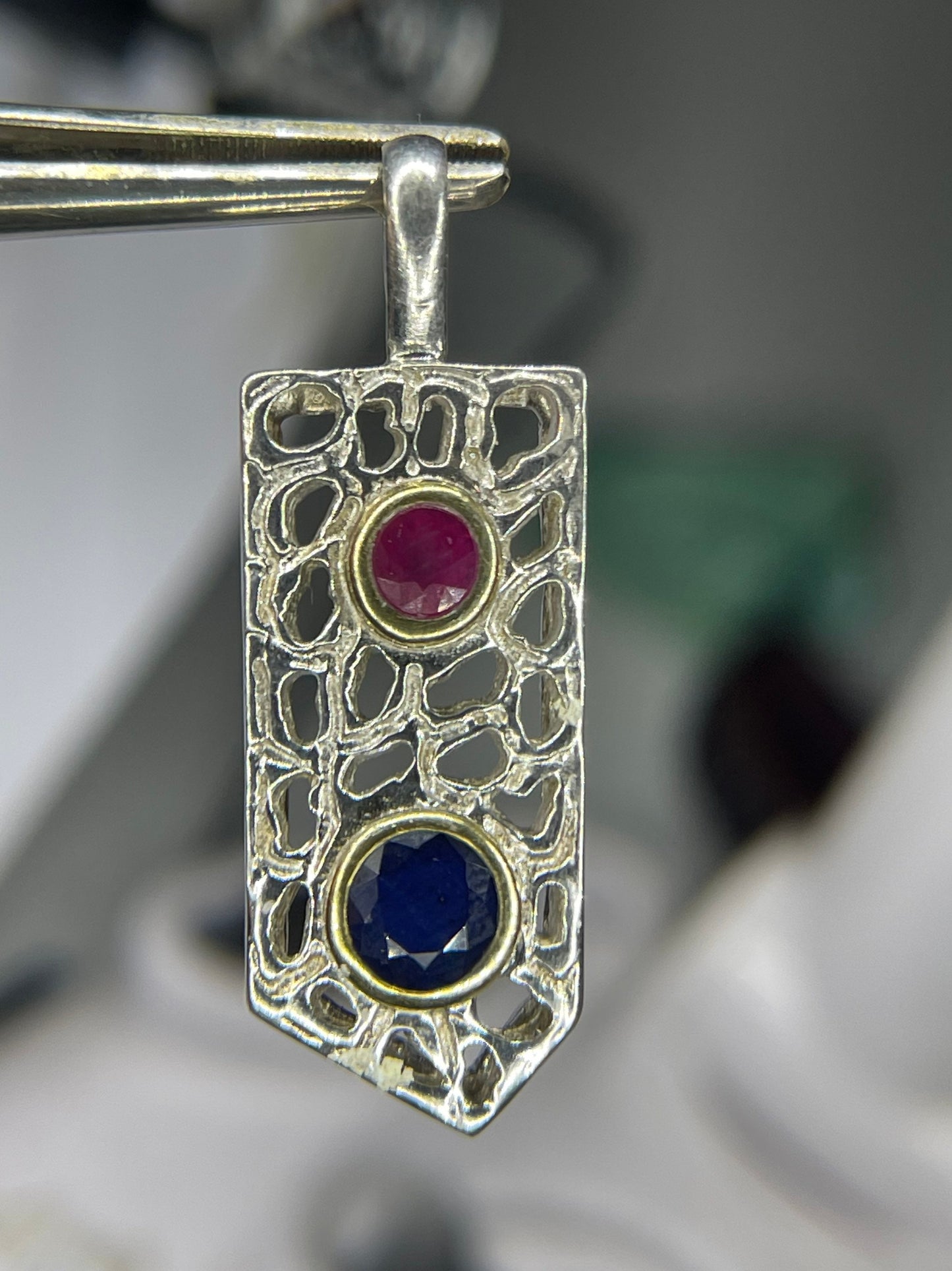 Natural Ruby & Sapphire 18k Gold Bezel Handmade Designer Sterling Silver Pendant