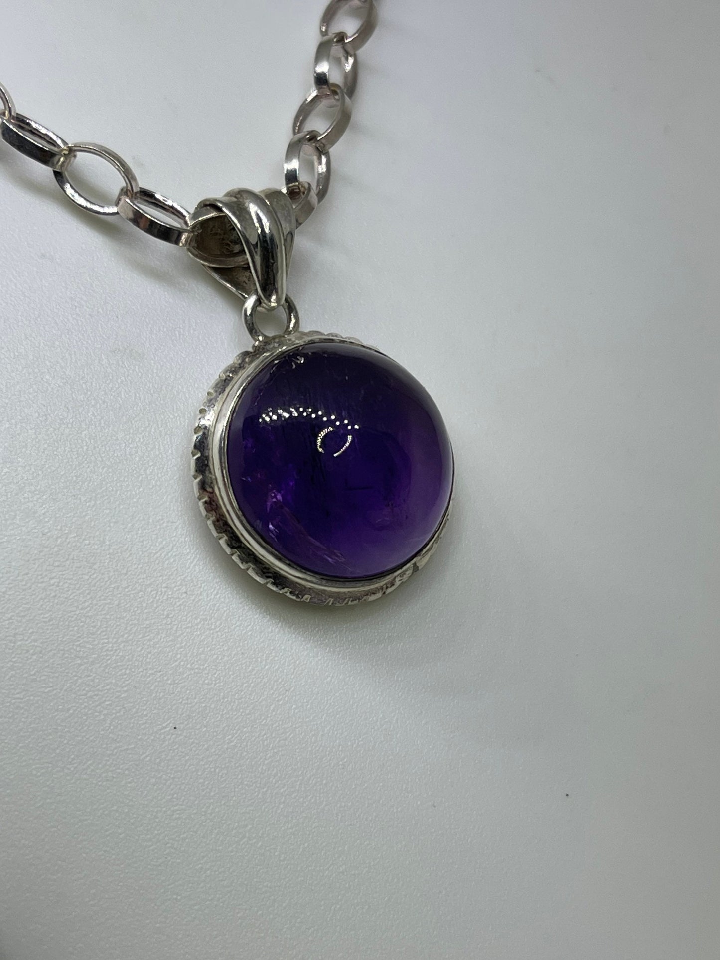 Amethyst Cabochon Sterling Silver Pendant & Chain Necklace