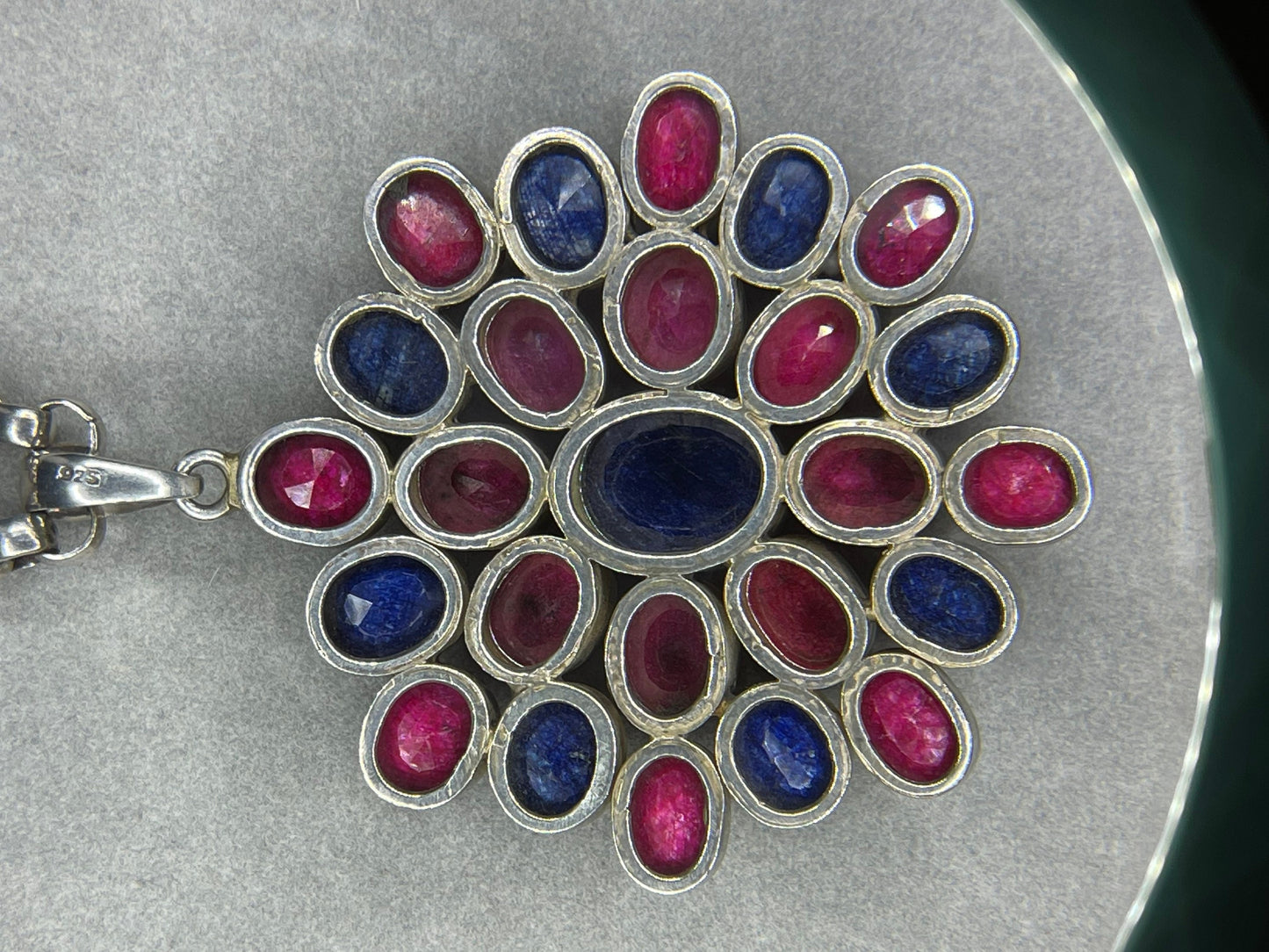 Natural Dyed Ruby & Sapphire Sterling Silver Medallion Rollo Link Chain Necklace