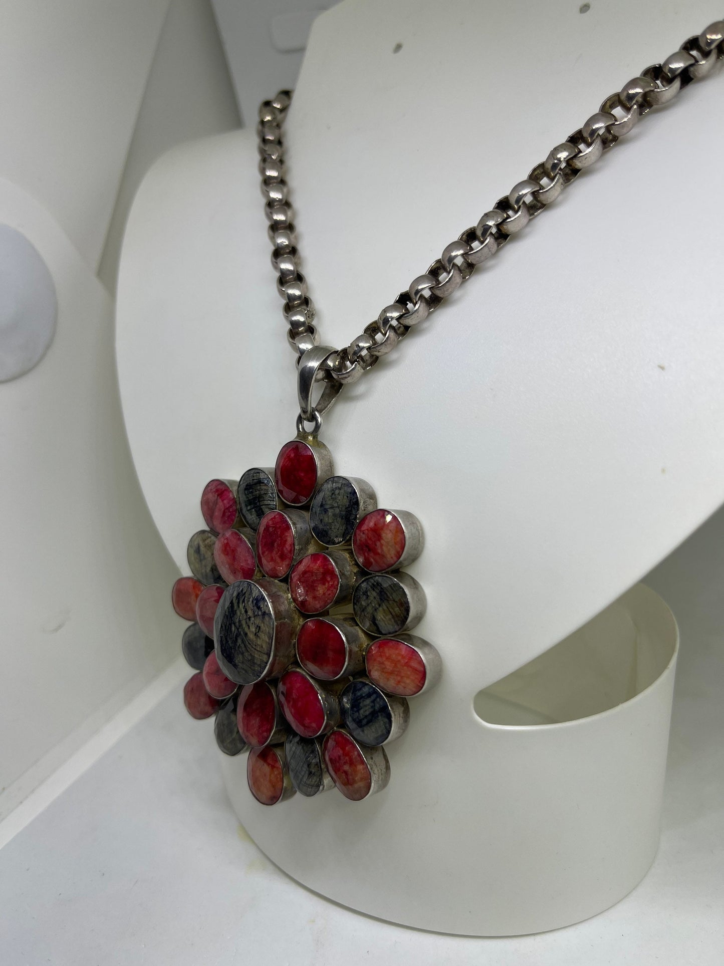 Natural Dyed Ruby & Sapphire Sterling Silver Medallion Rollo Link Chain Necklace