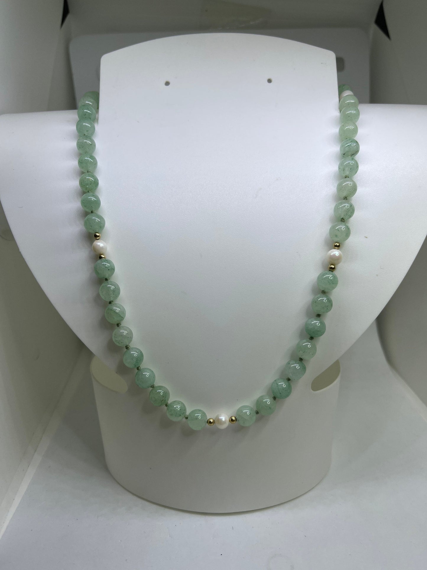 Aventurine & Cultured Pearl 14k Gold Beaded  Handmade Necklace