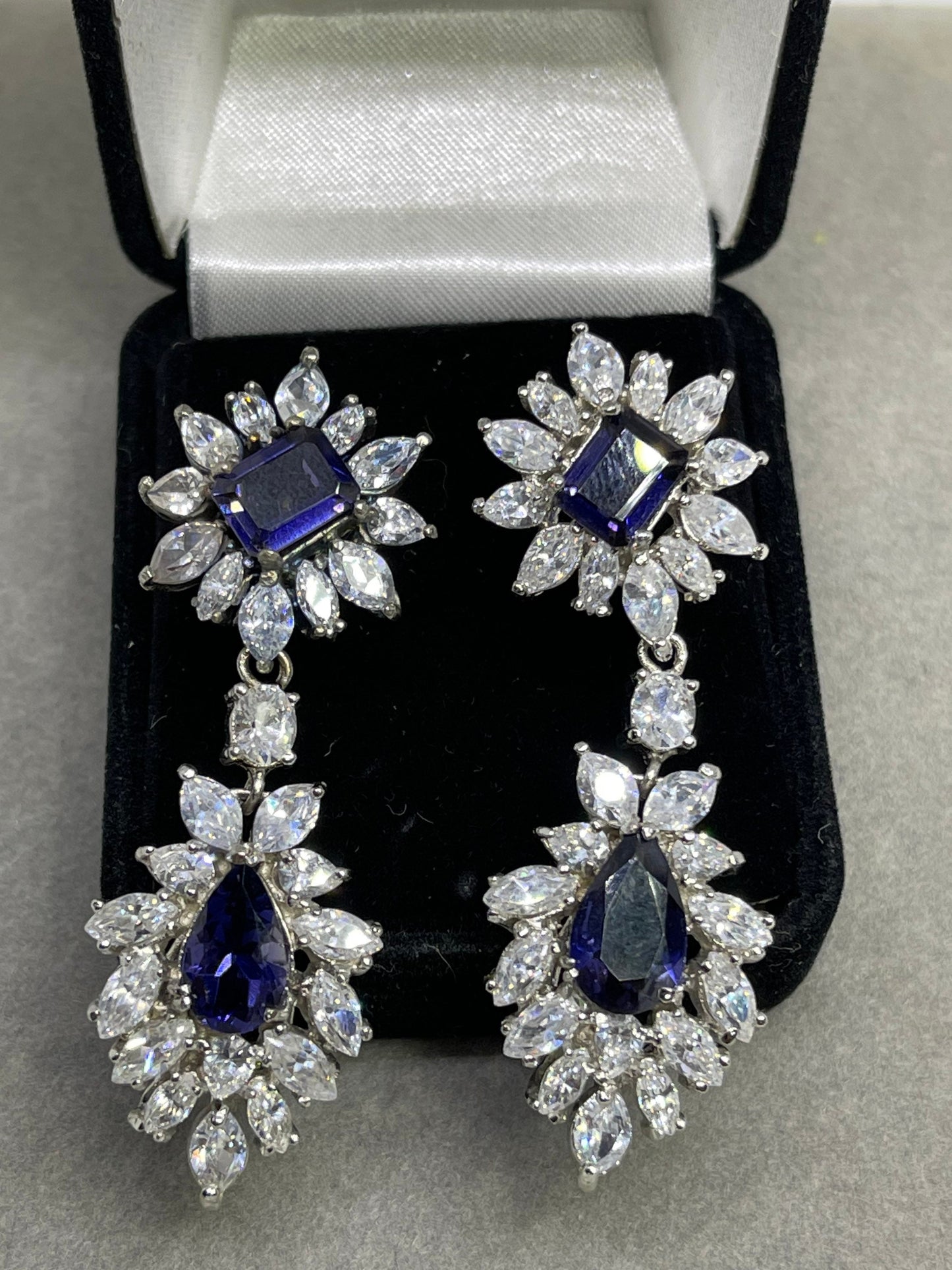 Lab Grown Sapphire & CZ Sterling Silver Dangle Earrings