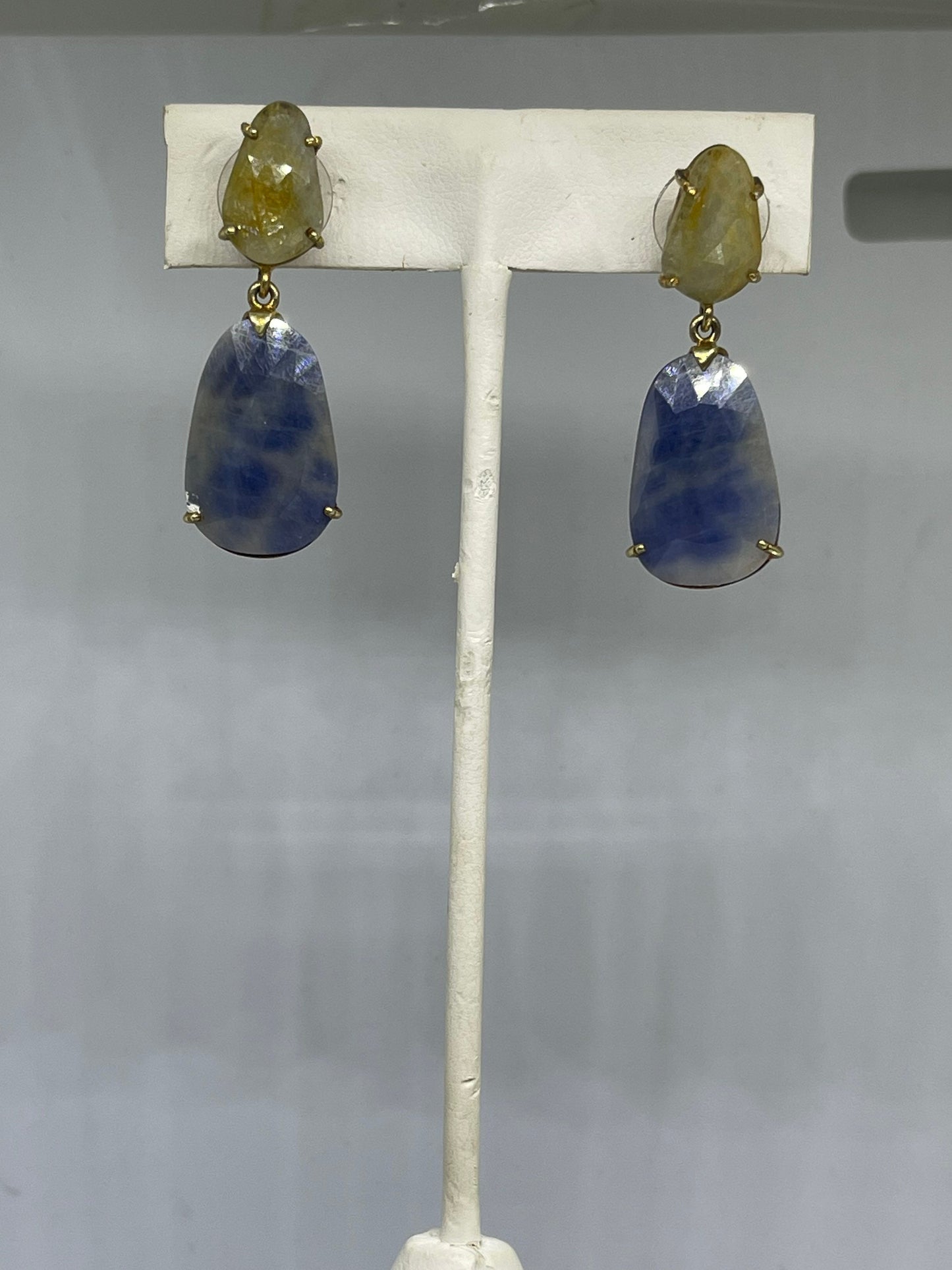 Natural Faceted Yellow & Blue Sapphire Vermeil Sterling Silver Dangle Earrings