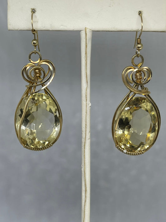 Large Citrine Hand Wire Wrapped 14K GF Earrings