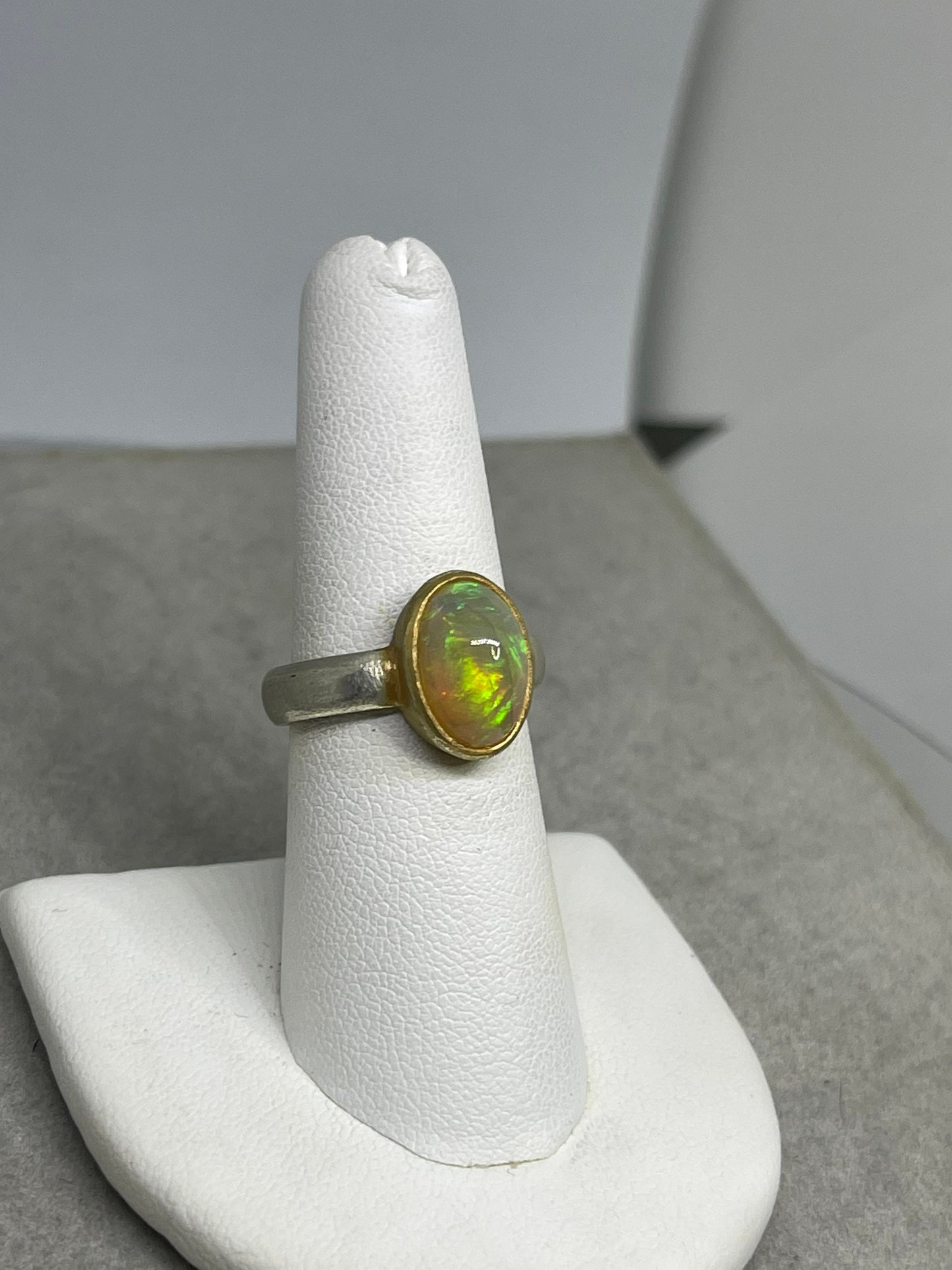 Natural Ethiopian Opal Sterling Silver 18K Gold Plated Bezel Ring (Size 7.5)