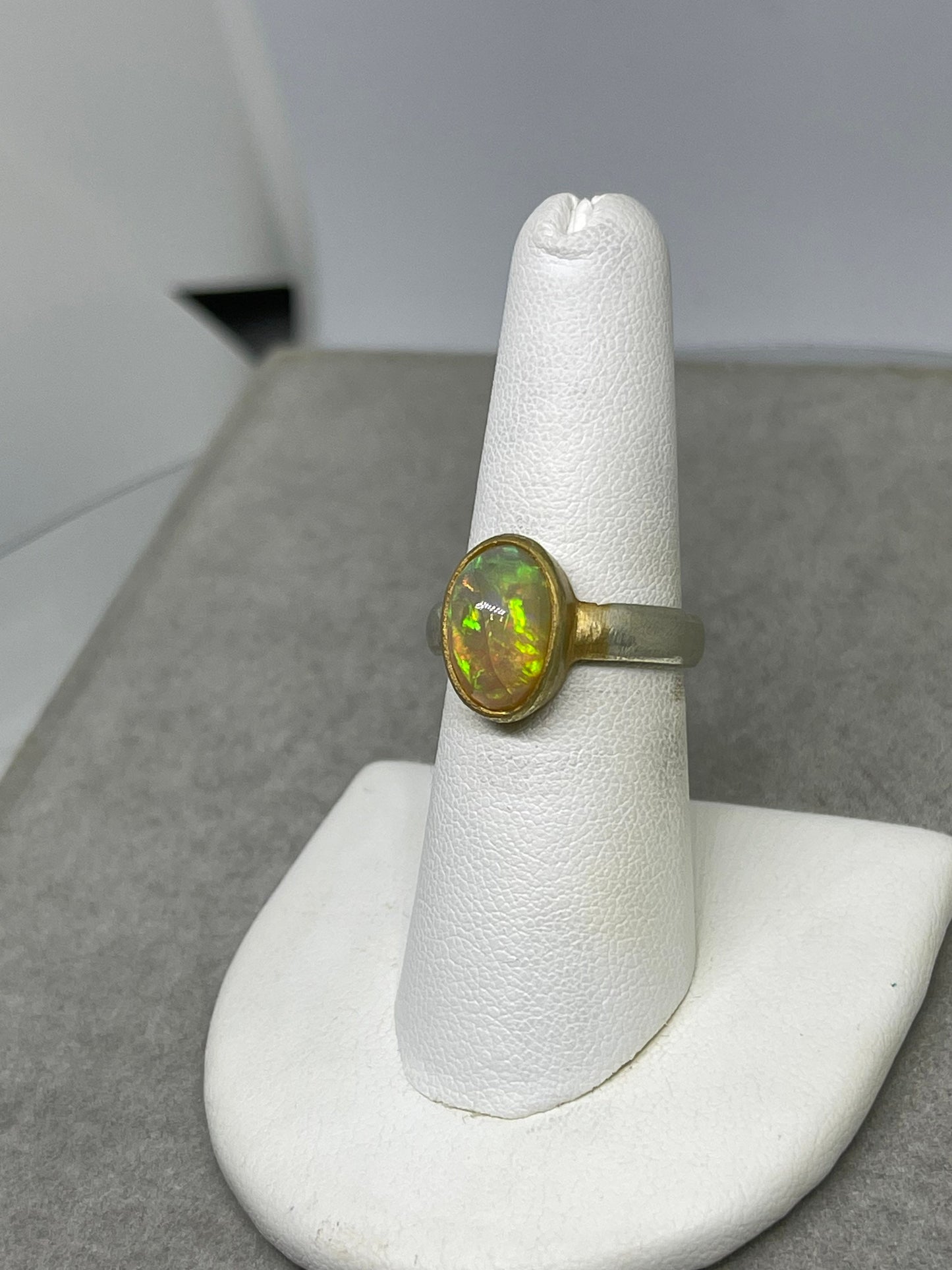 Natural Ethiopian Opal Sterling Silver 18K Gold Plated Bezel Ring (Size 7.5)