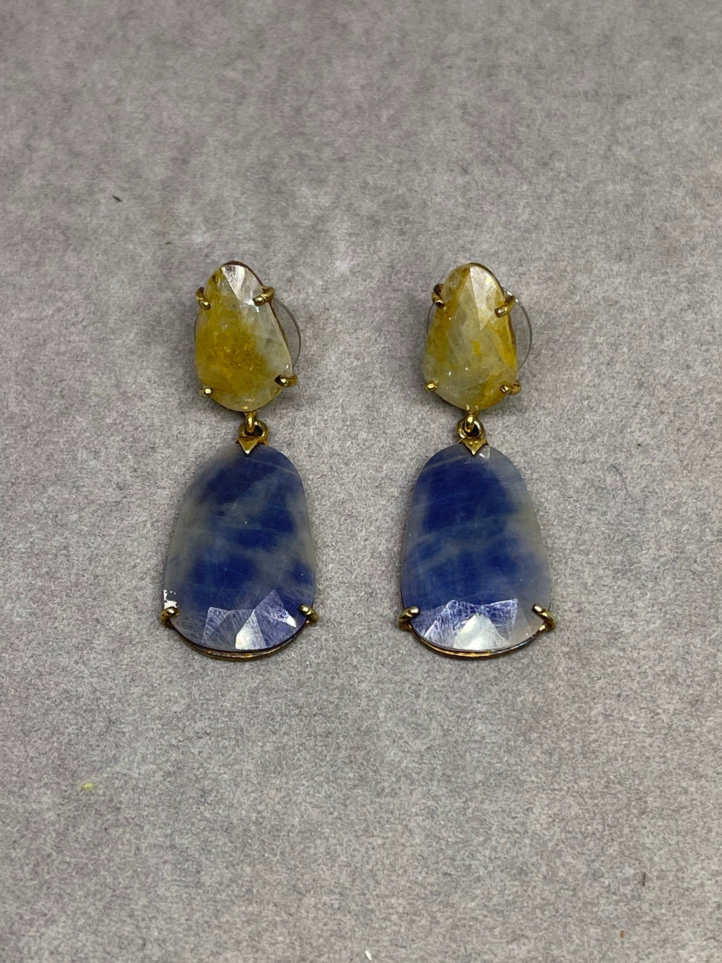 Natural Faceted Yellow & Blue Sapphire Vermeil Sterling Silver Dangle Earrings